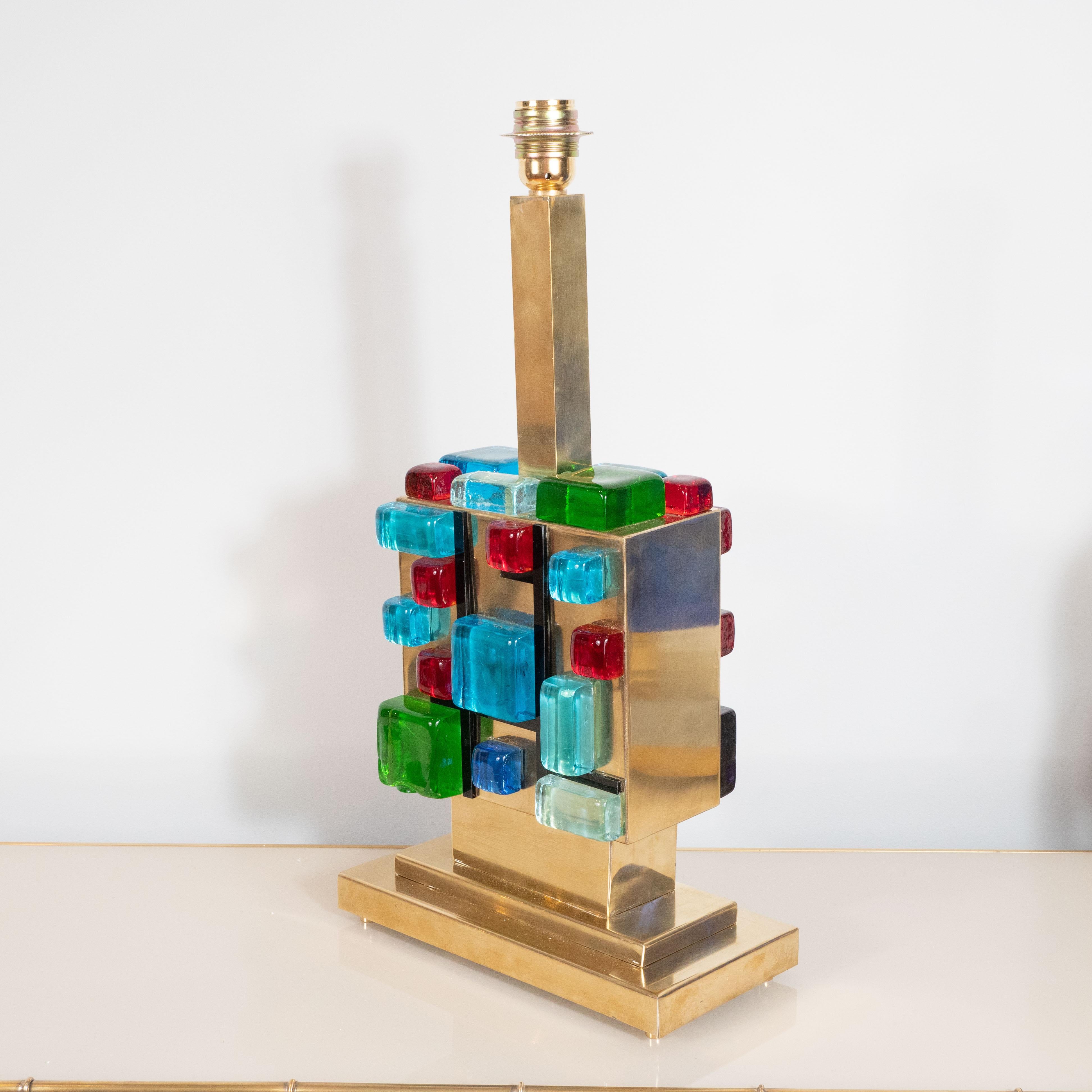 Pair of Multi-Colored Murano Glass and Brass Geometric Square Lamps, Italy For Sale 2