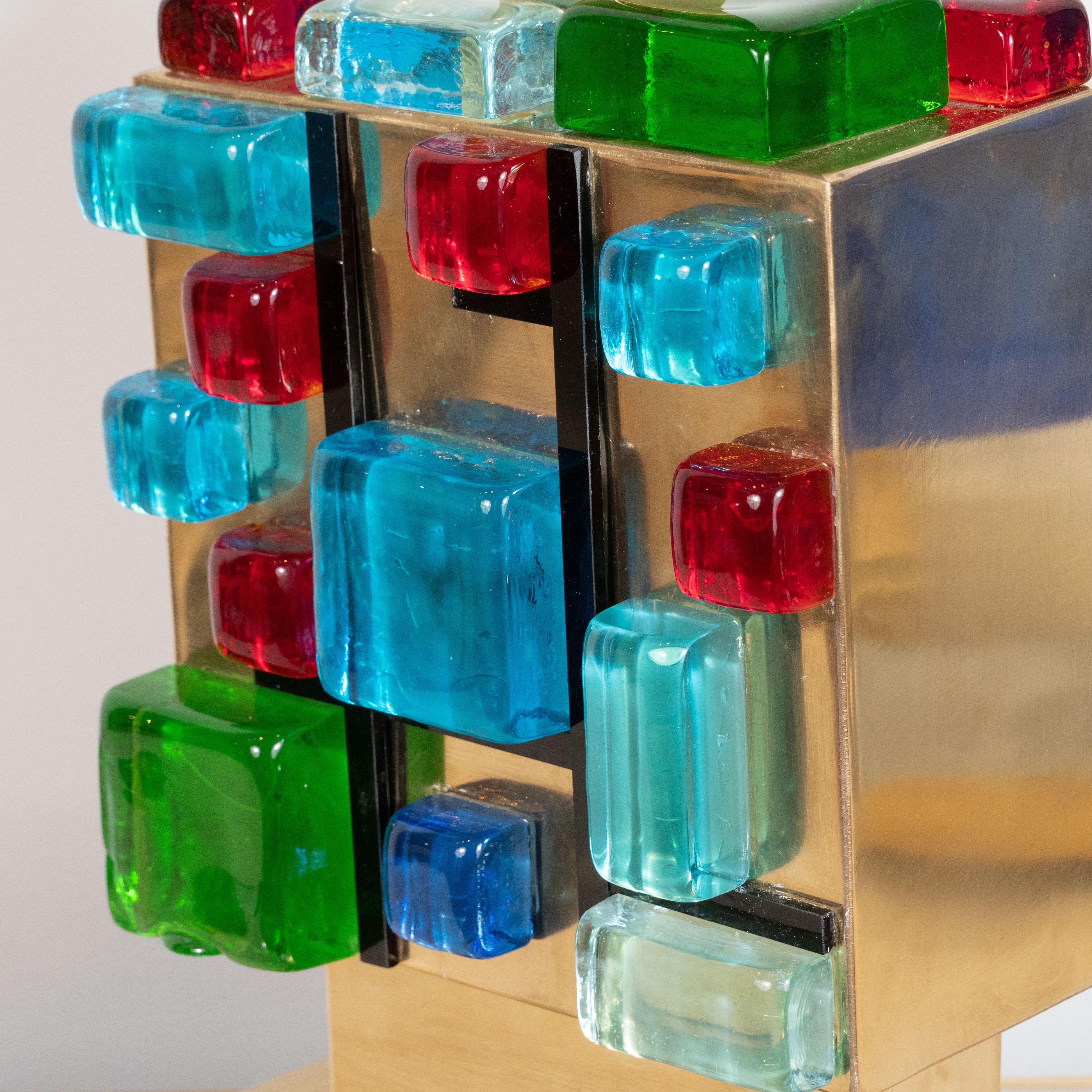 Pair of Multi-Colored Murano Glass and Brass Geometric Square Lamps, Italy For Sale 4