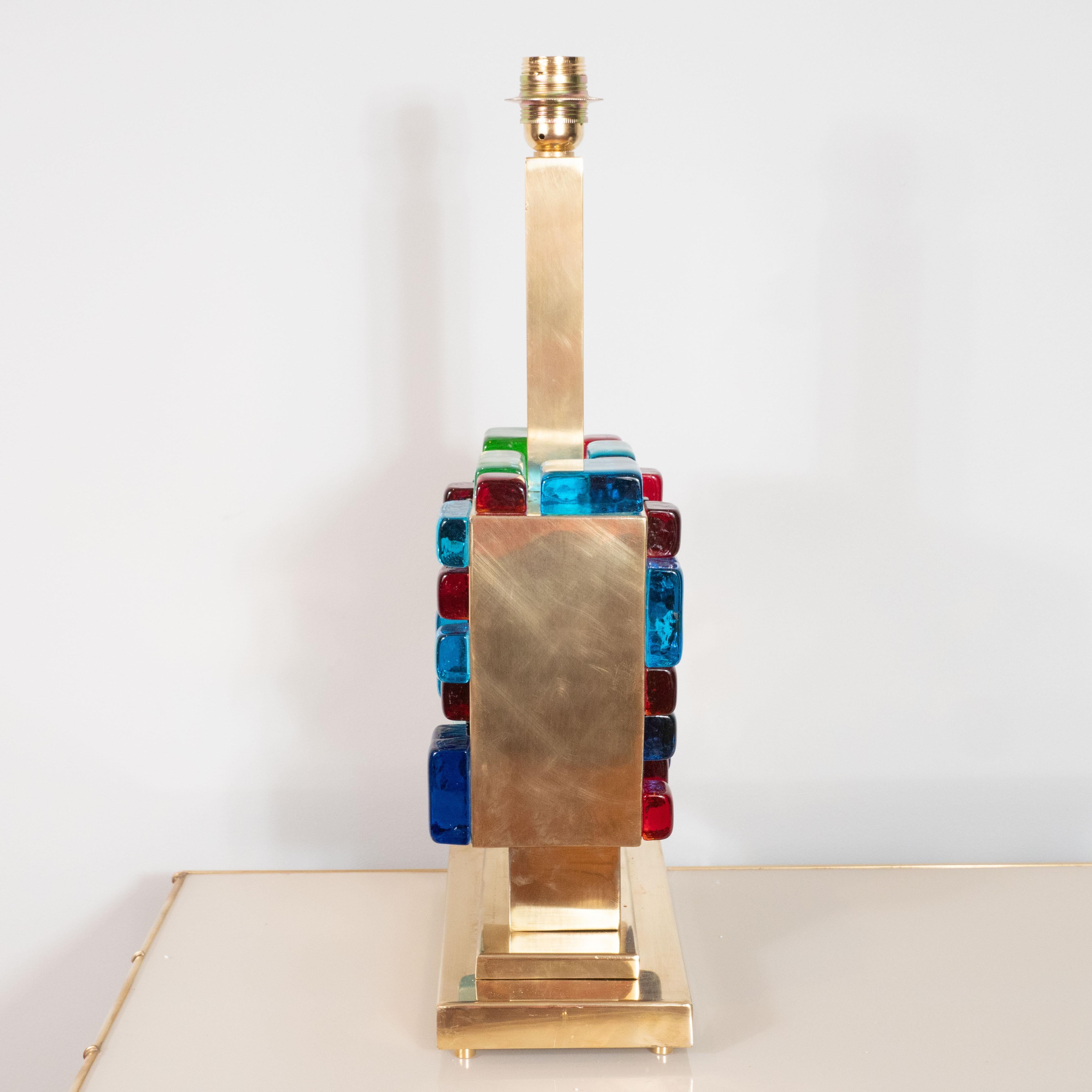 Pair of Multi-Colored Murano Glass and Brass Geometric Square Lamps, Italy For Sale 5