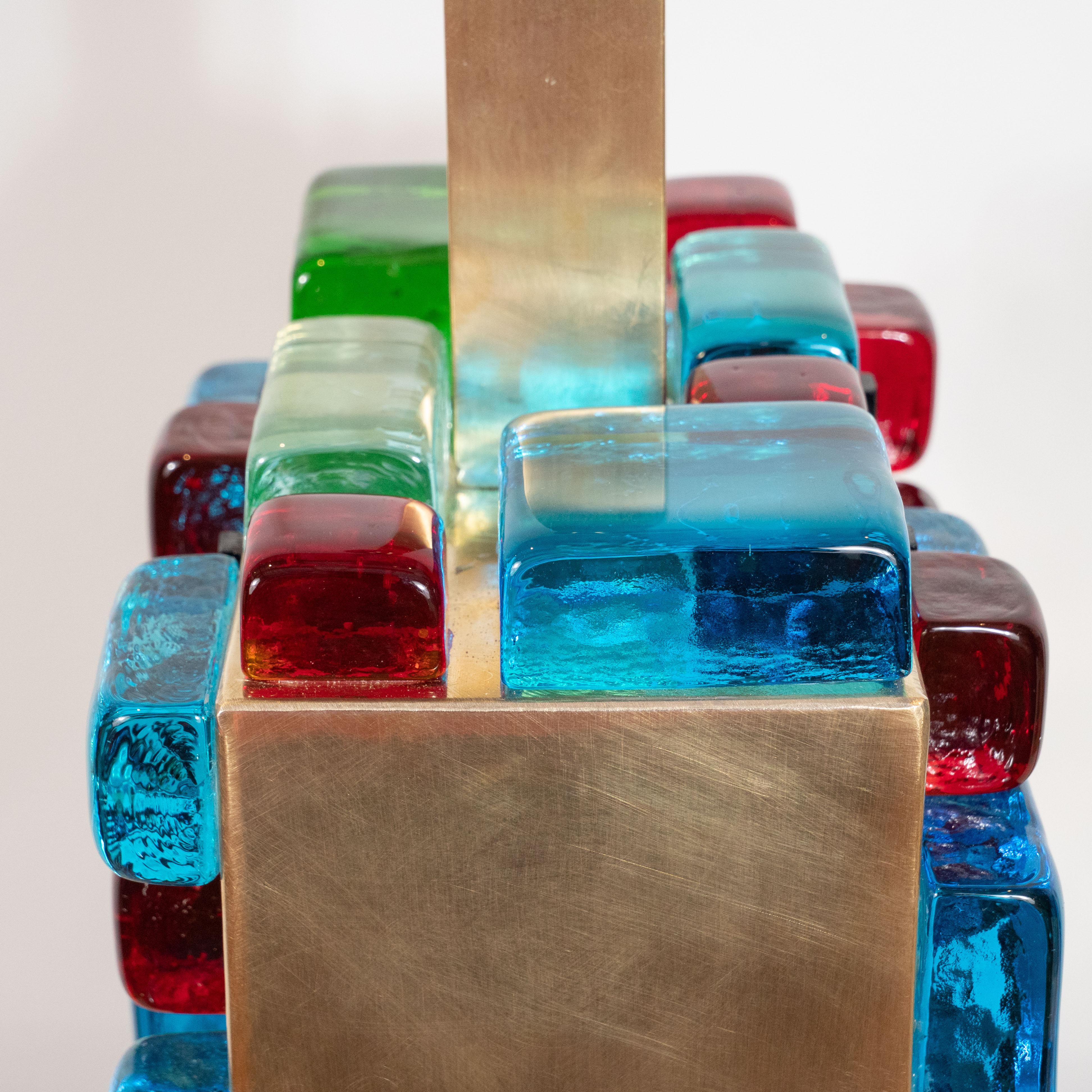 Pair of Multi-Colored Murano Glass and Brass Geometric Square Lamps, Italy For Sale 5