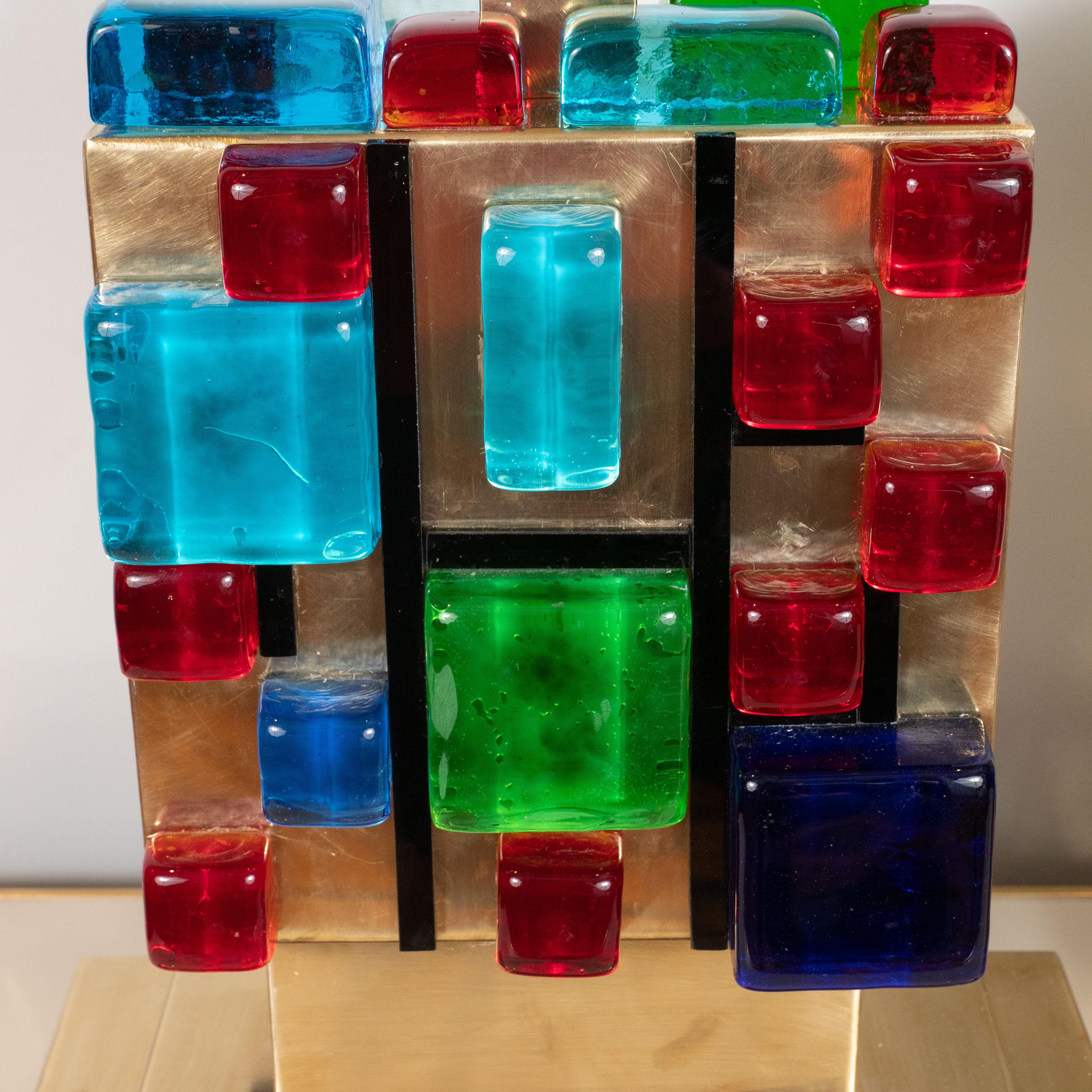 Pair of Multi-Colored Murano Glass and Brass Geometric Square Lamps, Italy For Sale 8