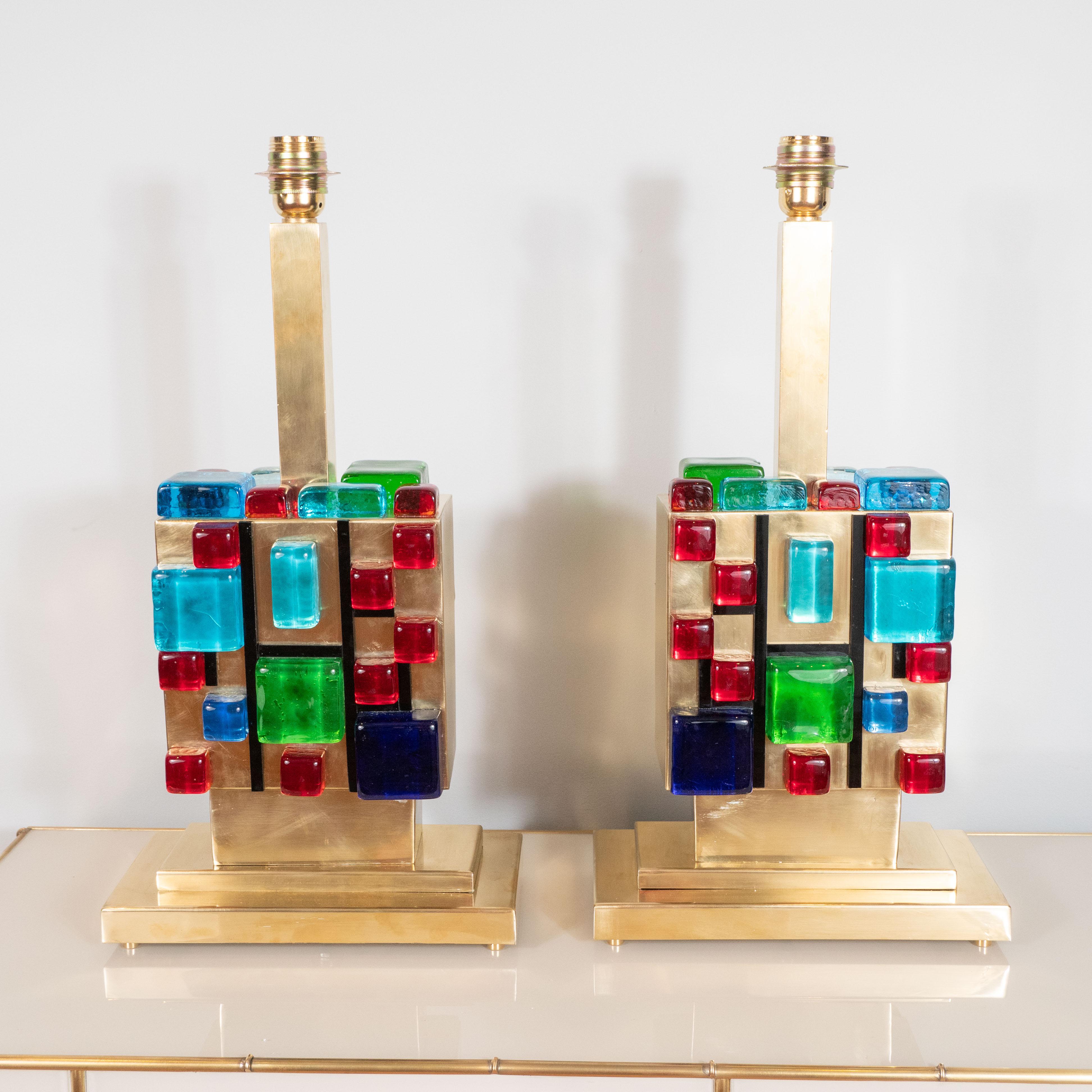 Pair of Multi-Colored Murano Glass and Brass Geometric Square Lamps, Italy For Sale 9
