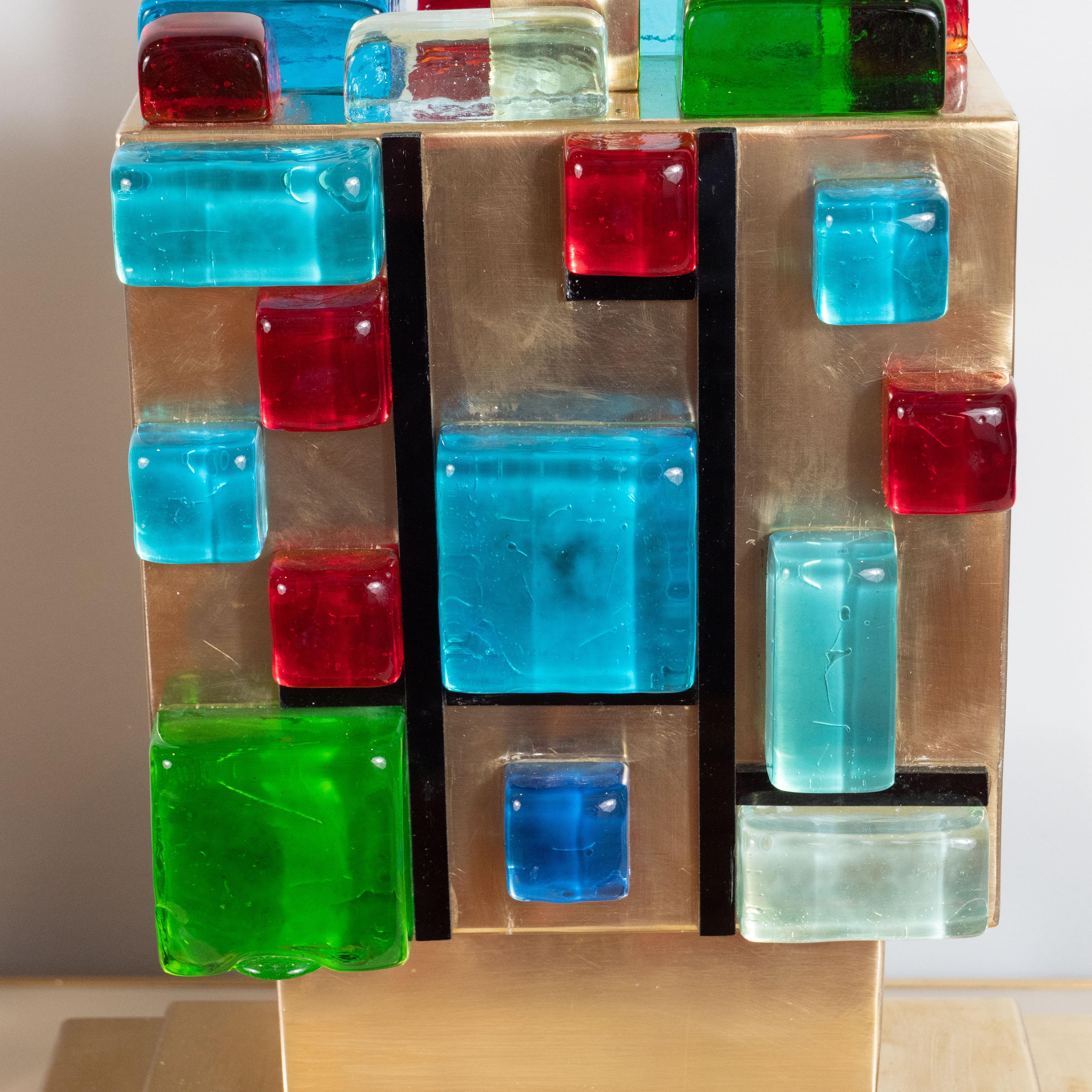 Paar geometrische quadratische Lampen aus Murano-Glas und Messing, Italien, mehrfarbig (Handgefertigt) im Angebot