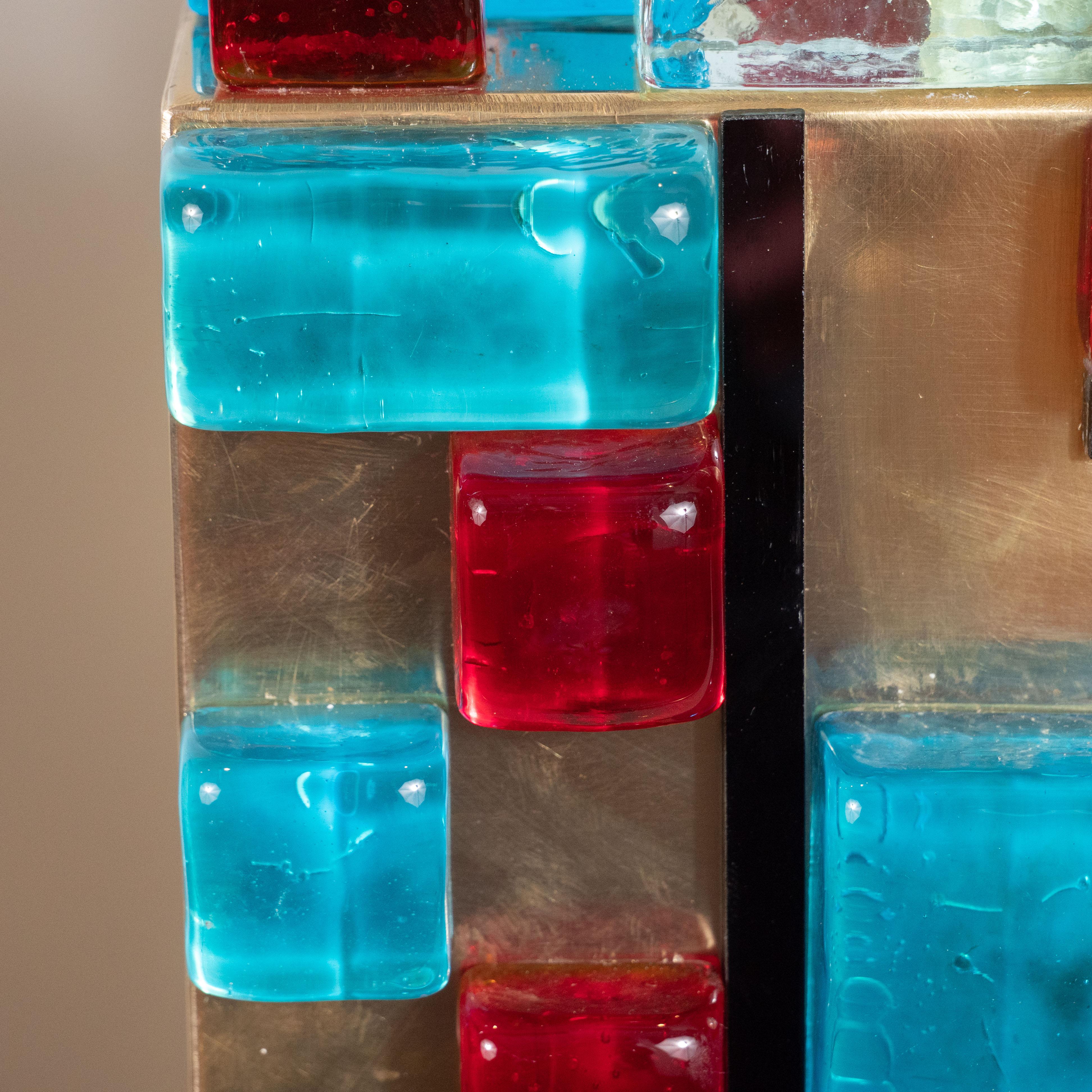 Mid-Century Modern Pair of Multi-Colored Murano Glass and Brass Geometric Square Lamps, Italy For Sale