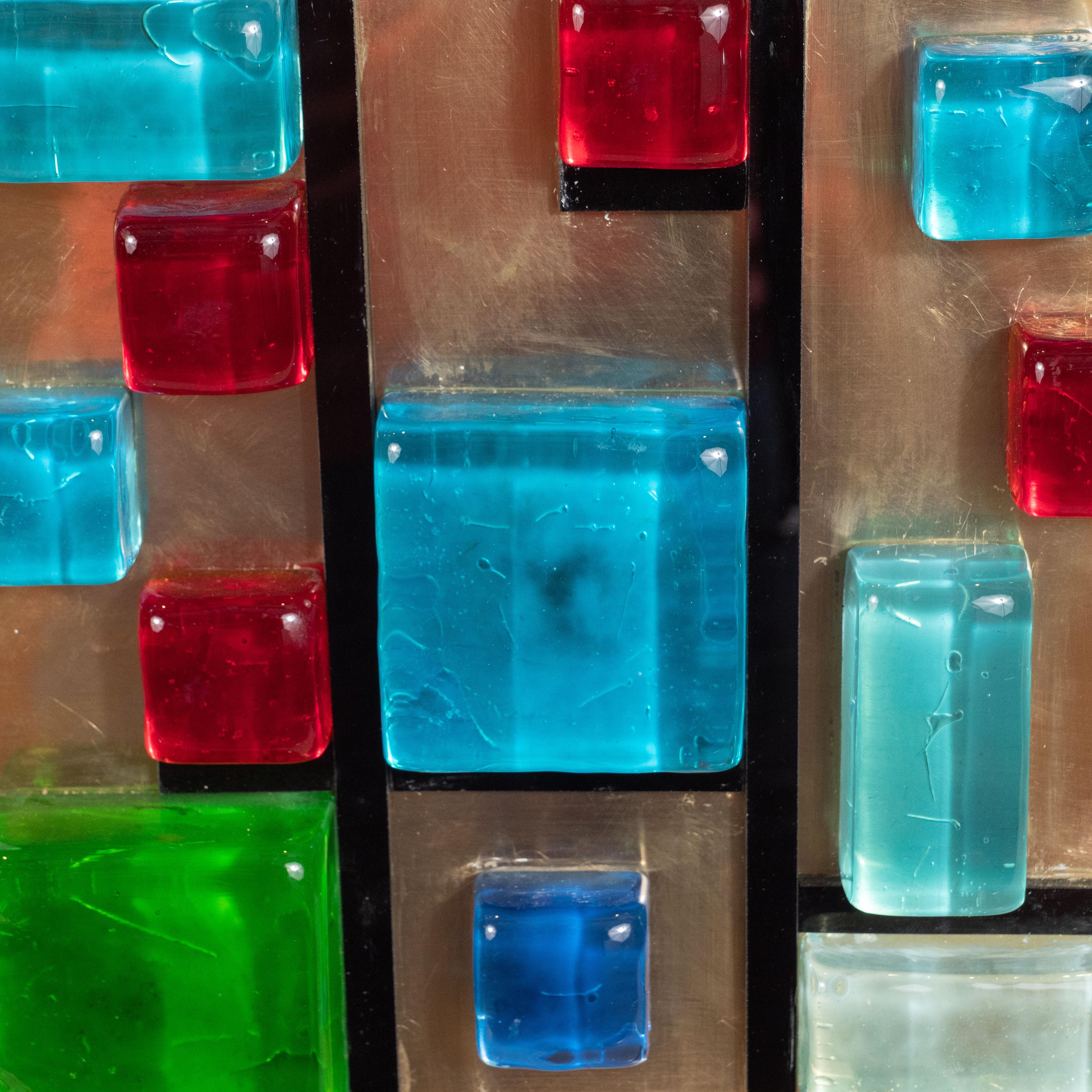 Italian Pair of Multi-Colored Murano Glass and Brass Geometric Square Lamps, Italy For Sale
