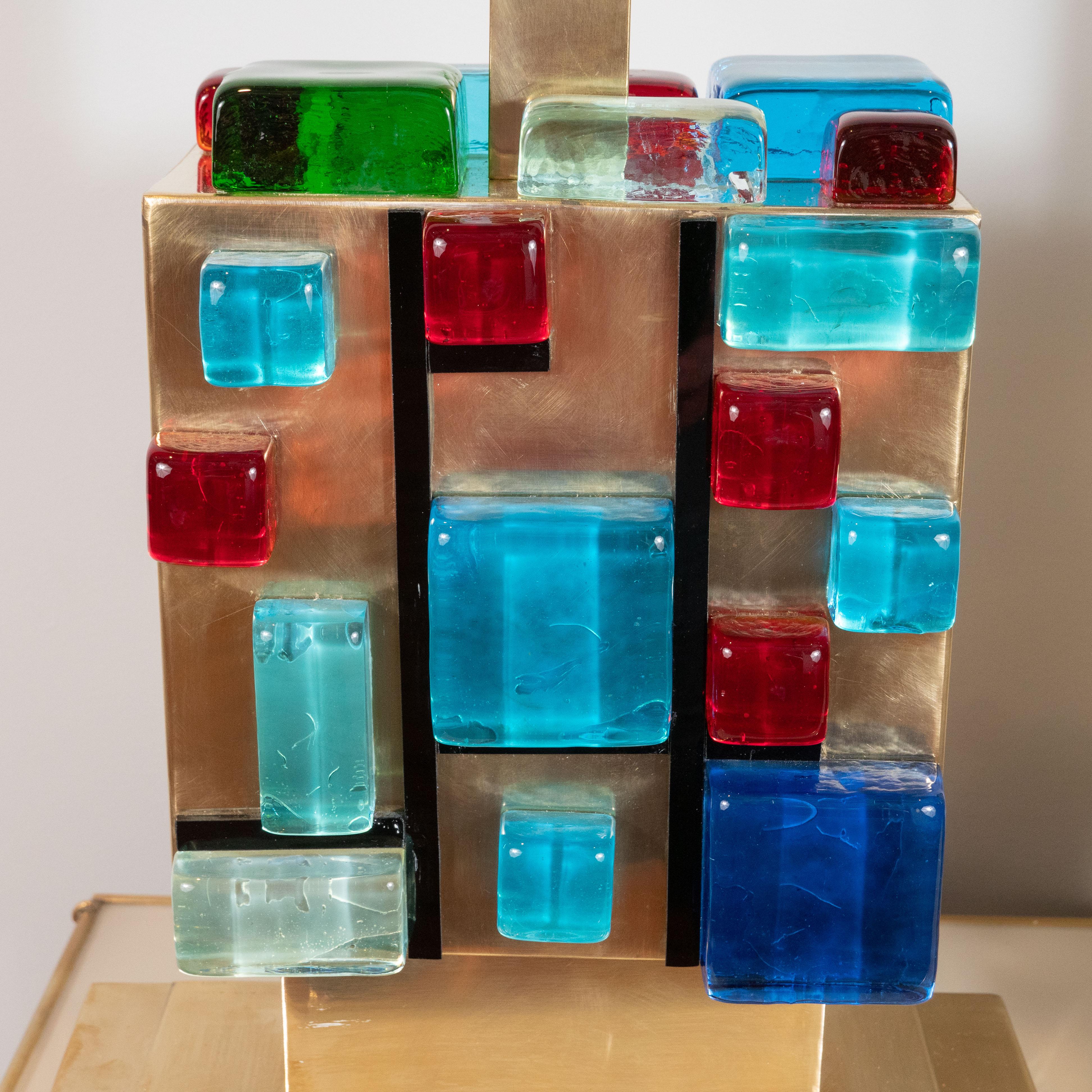 Hand-Crafted Pair of Multi-Colored Murano Glass and Brass Geometric Square Lamps, Italy For Sale