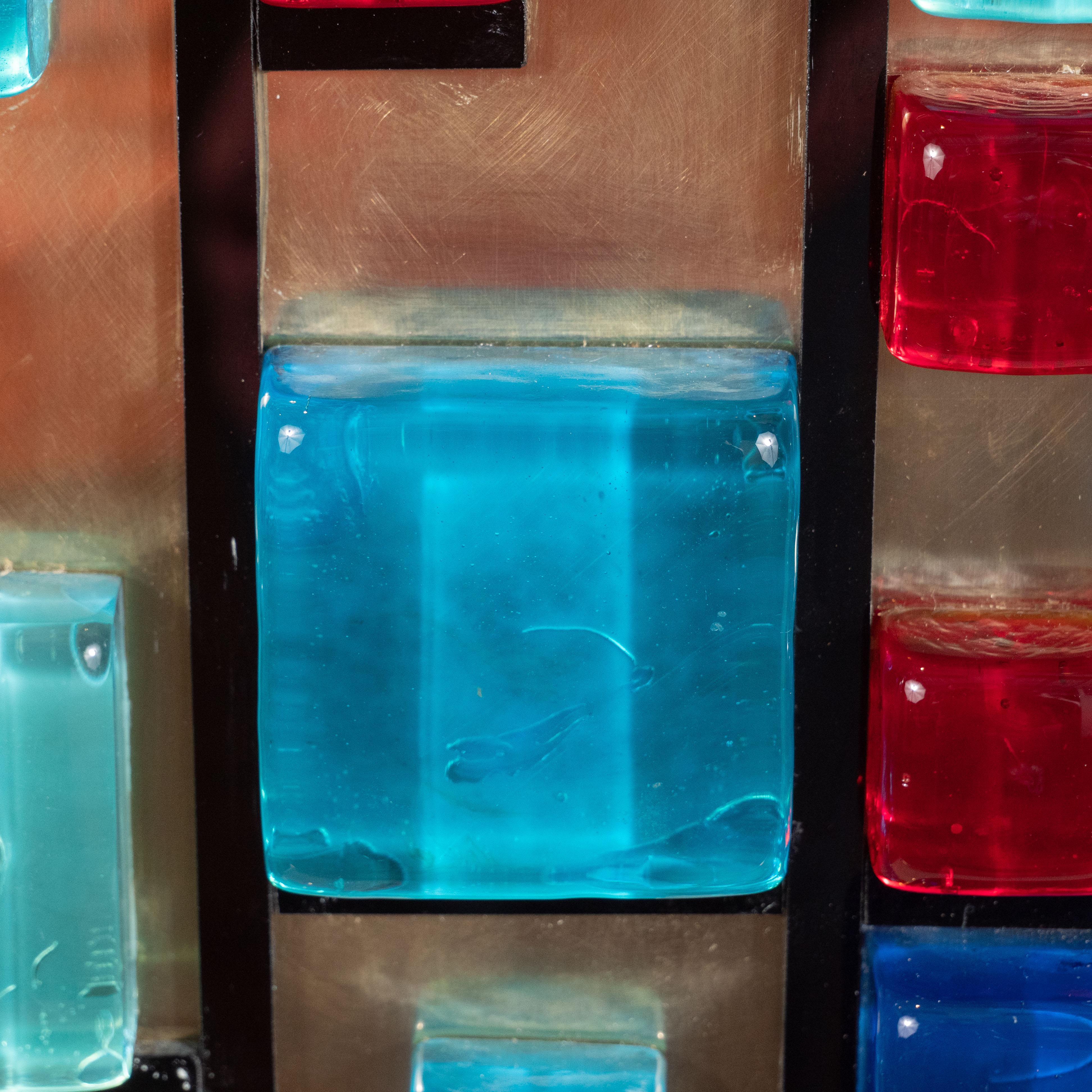 Paar geometrische quadratische Lampen aus Murano-Glas und Messing, Italien, mehrfarbig im Angebot 3
