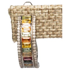 Pair of Multi Colored Sapphire Baguettes and Diamond Hoops