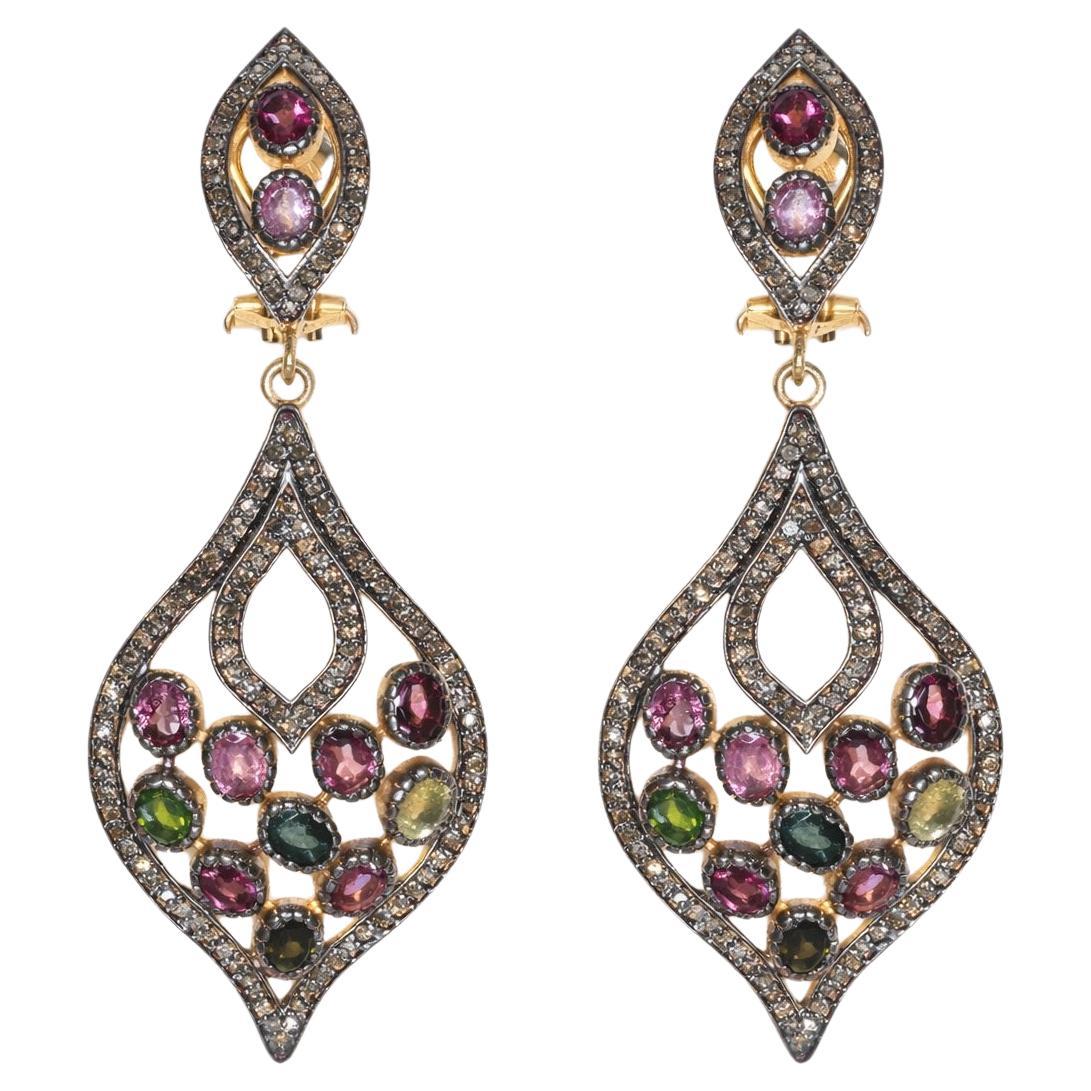 Pair of Multi-Colored Tourmaline Gemstone Dangle Earrings with Diamonds