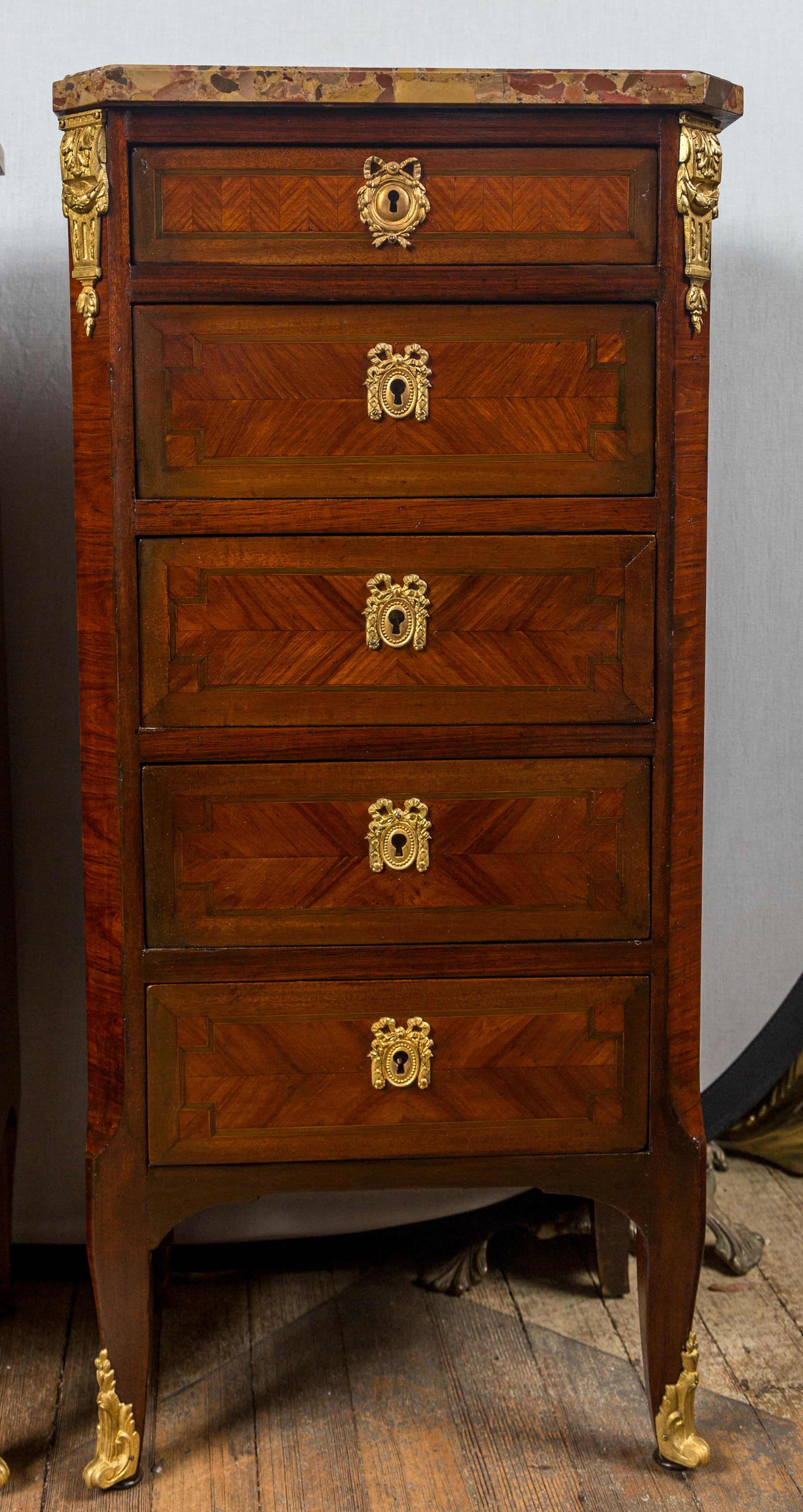 Louis XV Pair of Multi Drawer Marble Top Beside Commodes or Nightstands For Sale