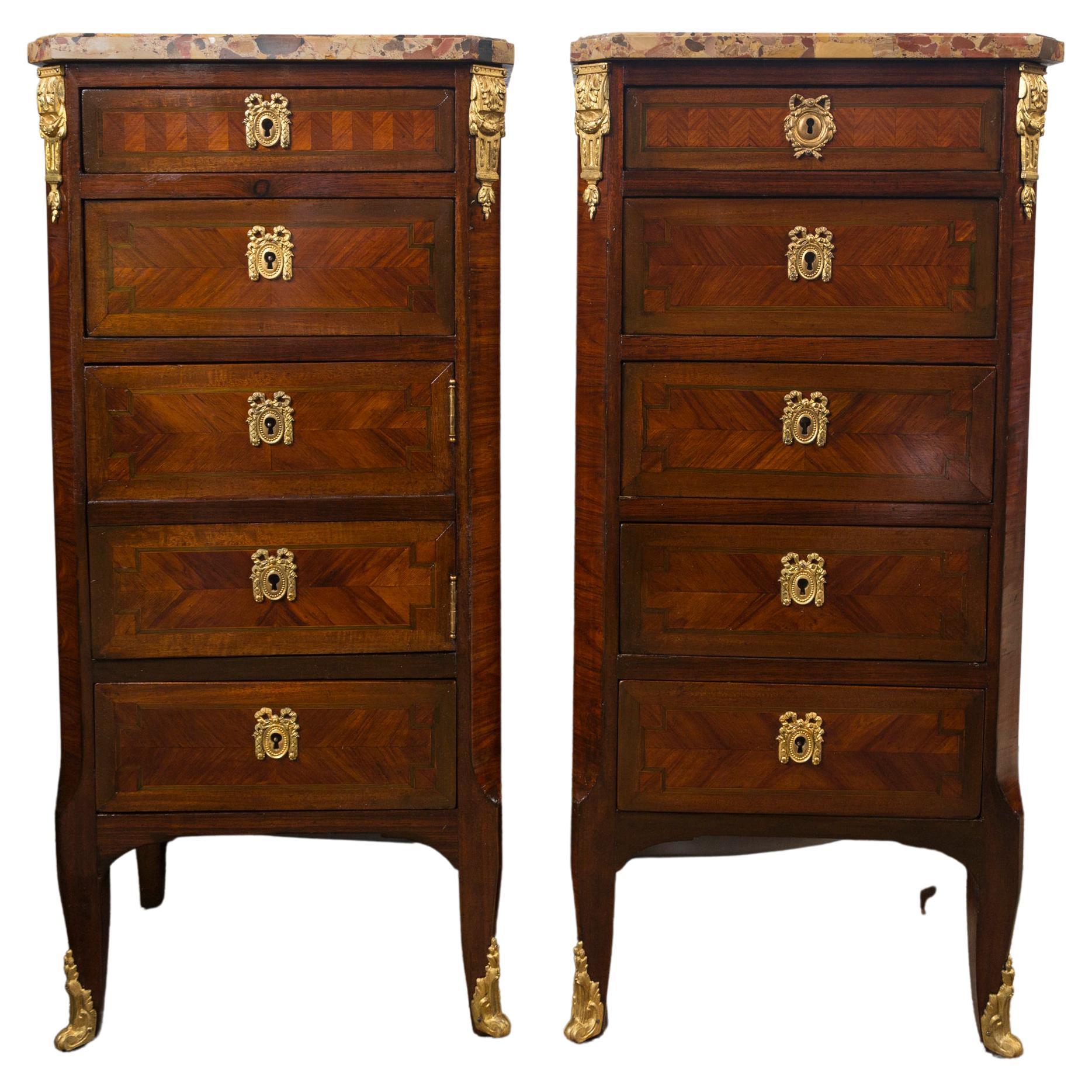 Pair of Multi Drawer Marble Top Beside Commodes or Nightstands For Sale