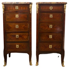 Pair of Multi Drawer Marble Top Beside Commodes or Nightstands