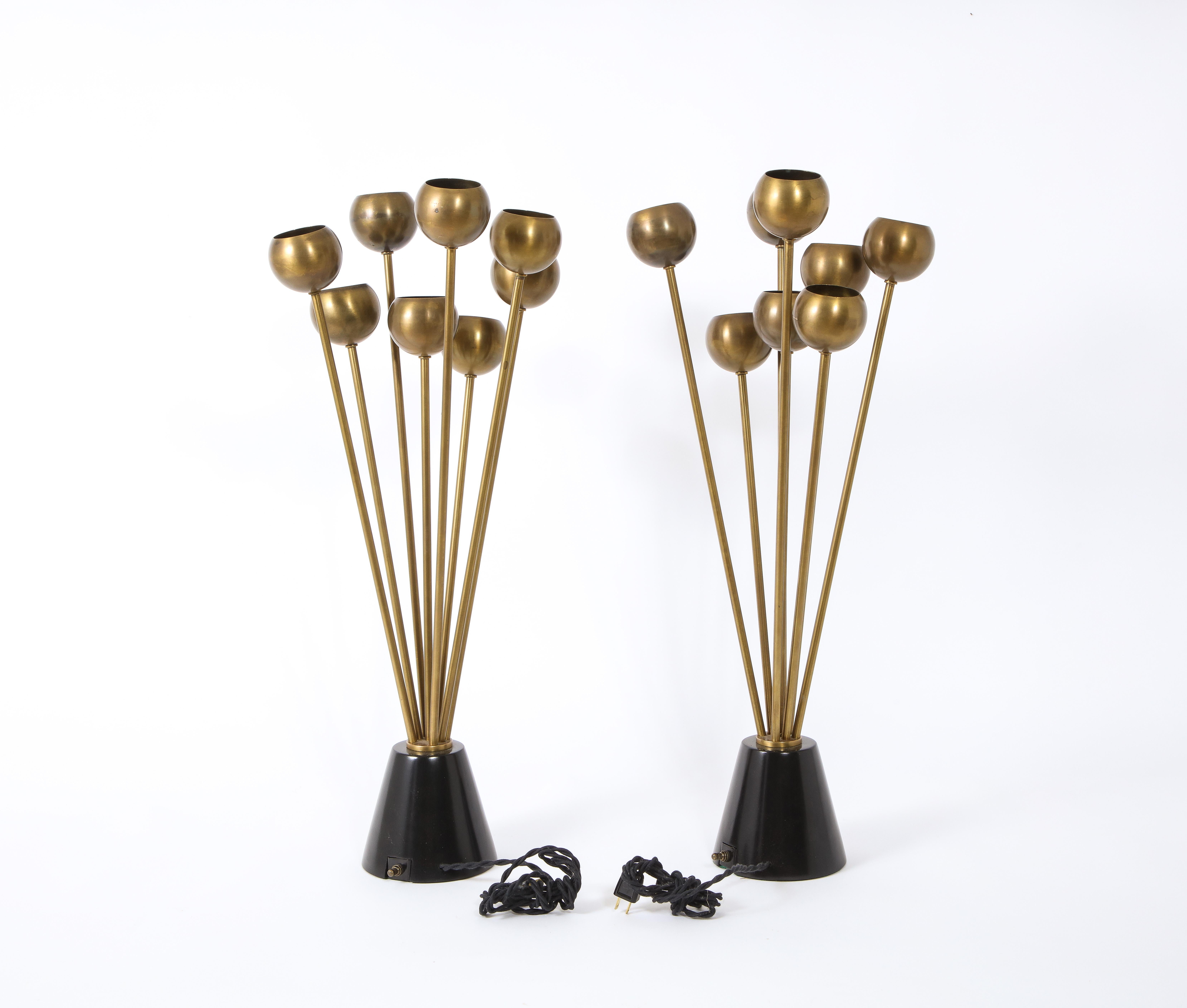 Pair of Multi-Orb Brass & Walnut Italian Table Lamps, Italy, 1960's 4