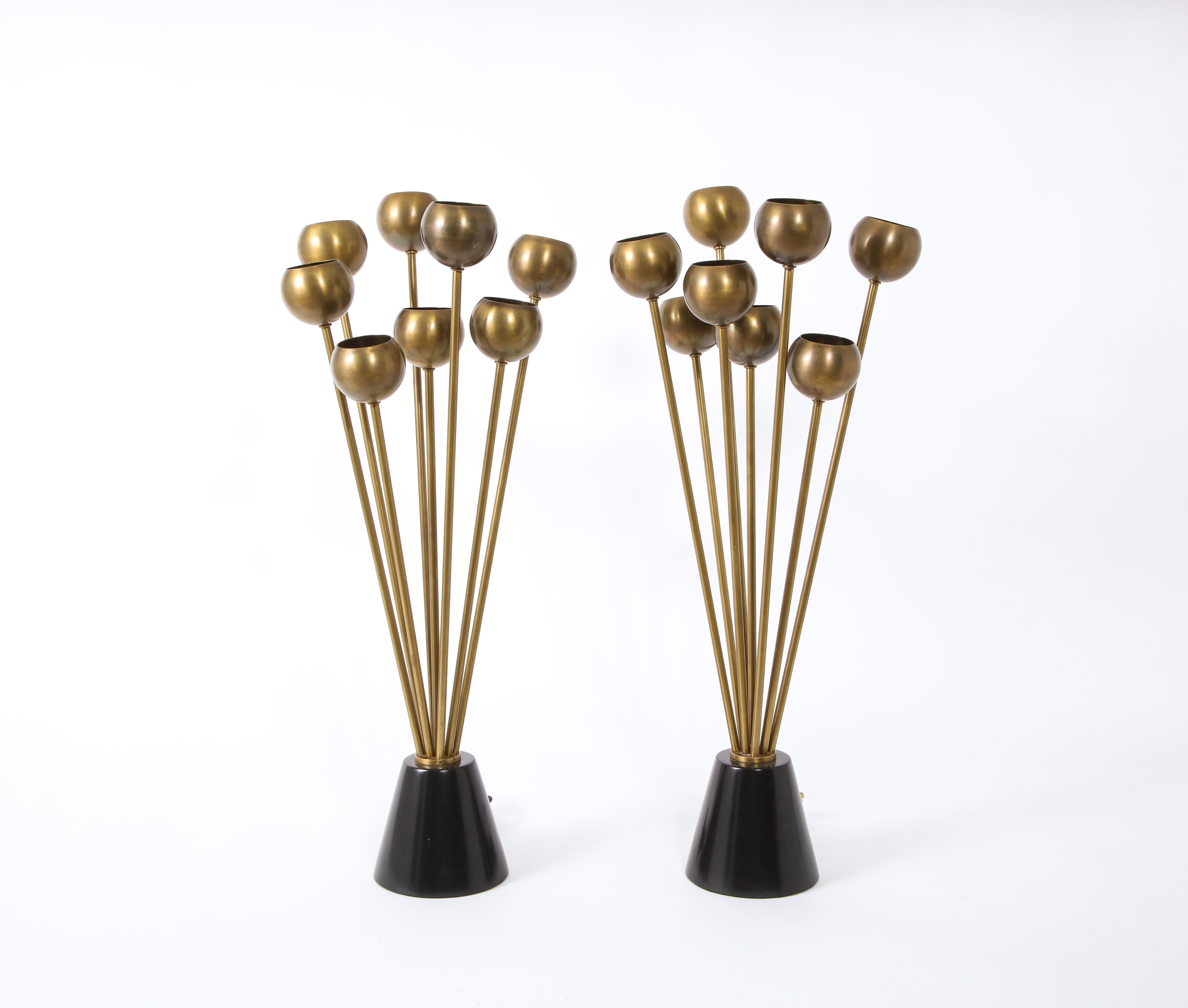 Pair of Multi-Orb Brass & Walnut Italian Table Lamps, Italy, 1960's 9