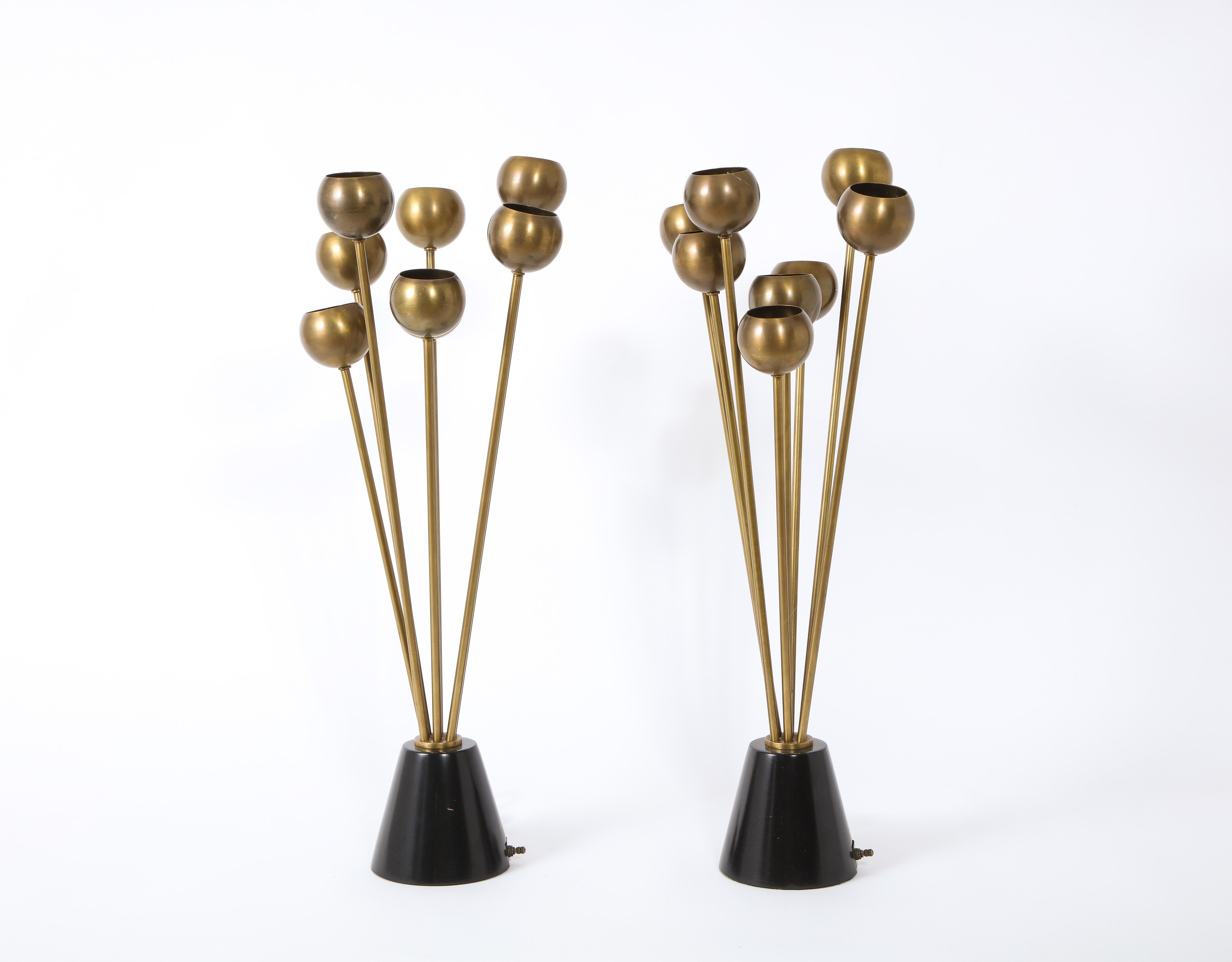 20th Century Pair of Multi-Orb Brass & Walnut Italian Table Lamps, Italy, 1960's