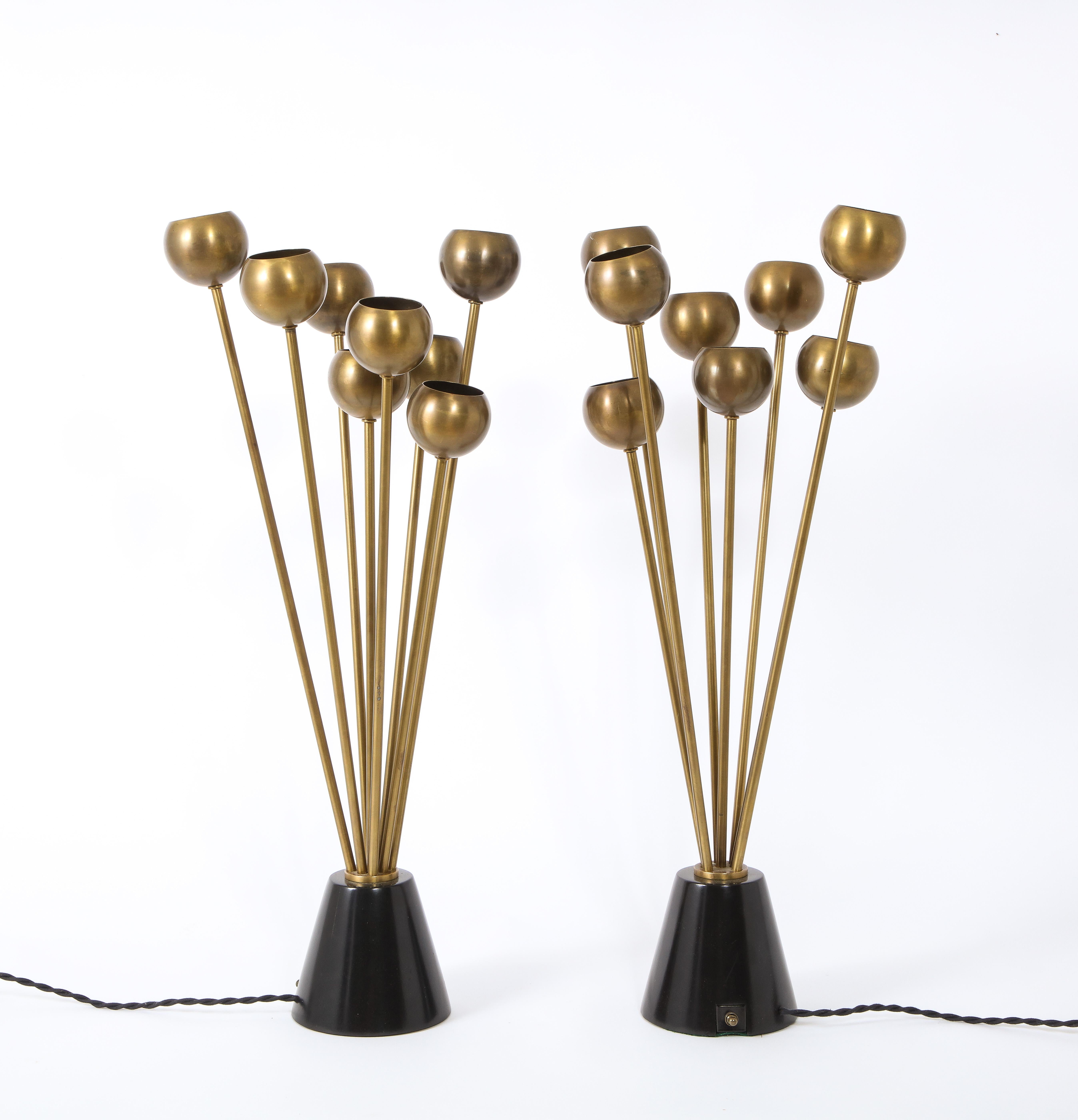Pair of Multi-Orb Brass & Walnut Italian Table Lamps, Italy, 1960's 3