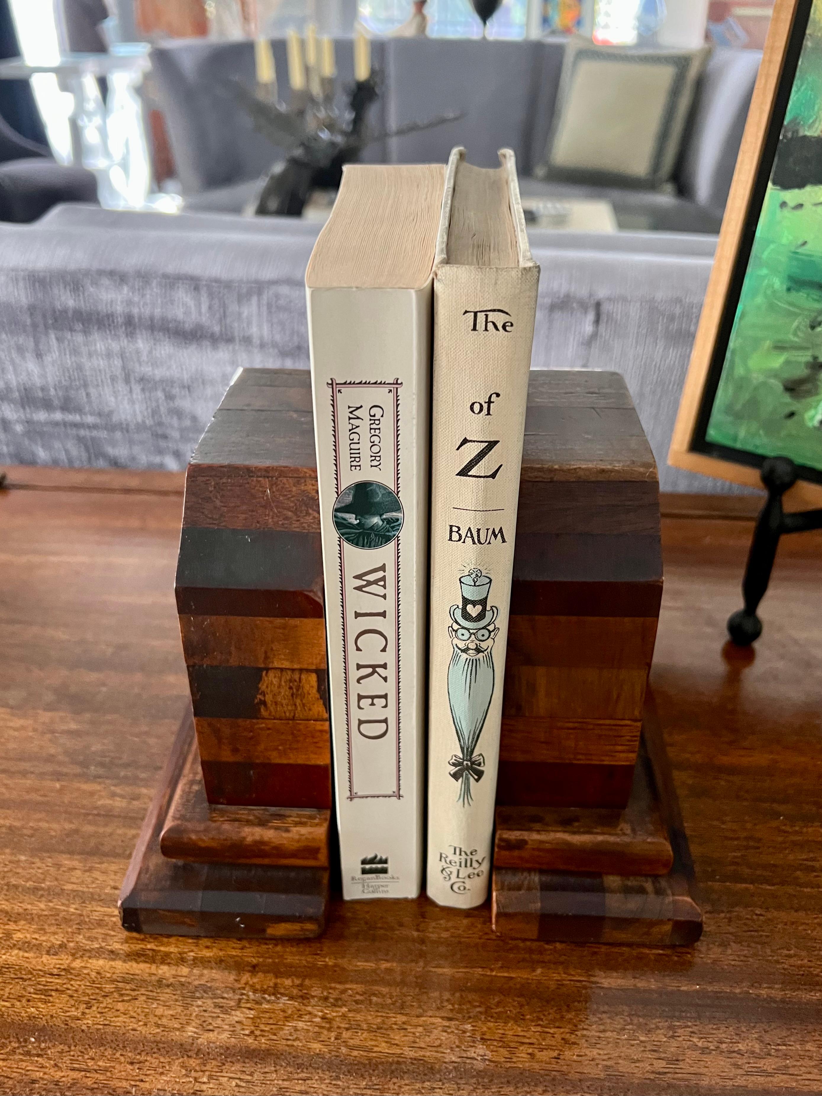 Pair of Multi Wood Mosaic Bookends in the Style of Don Shoemaker For Sale 4
