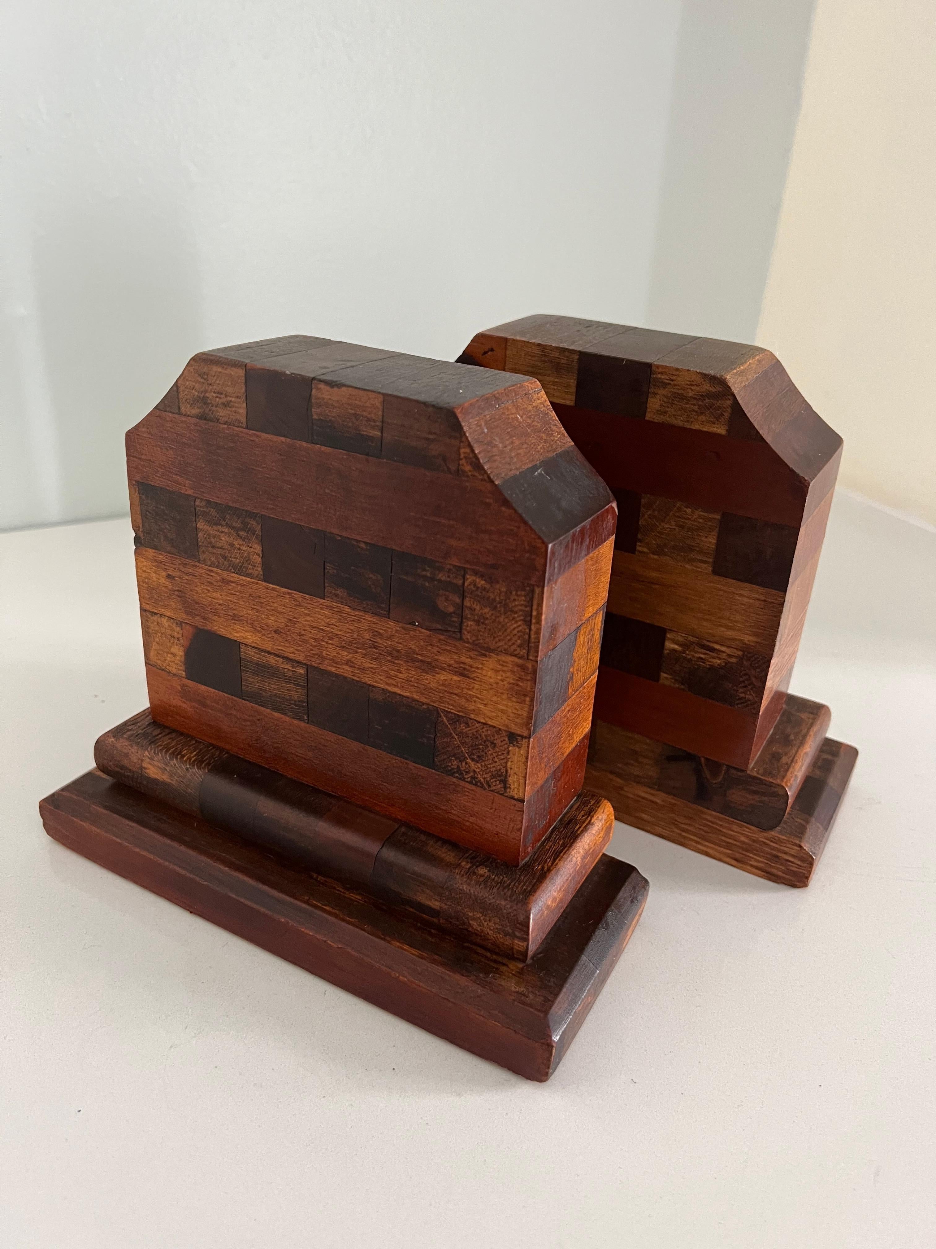 Patinated Pair of Multi Wood Mosaic Bookends in the Style of Don Shoemaker For Sale