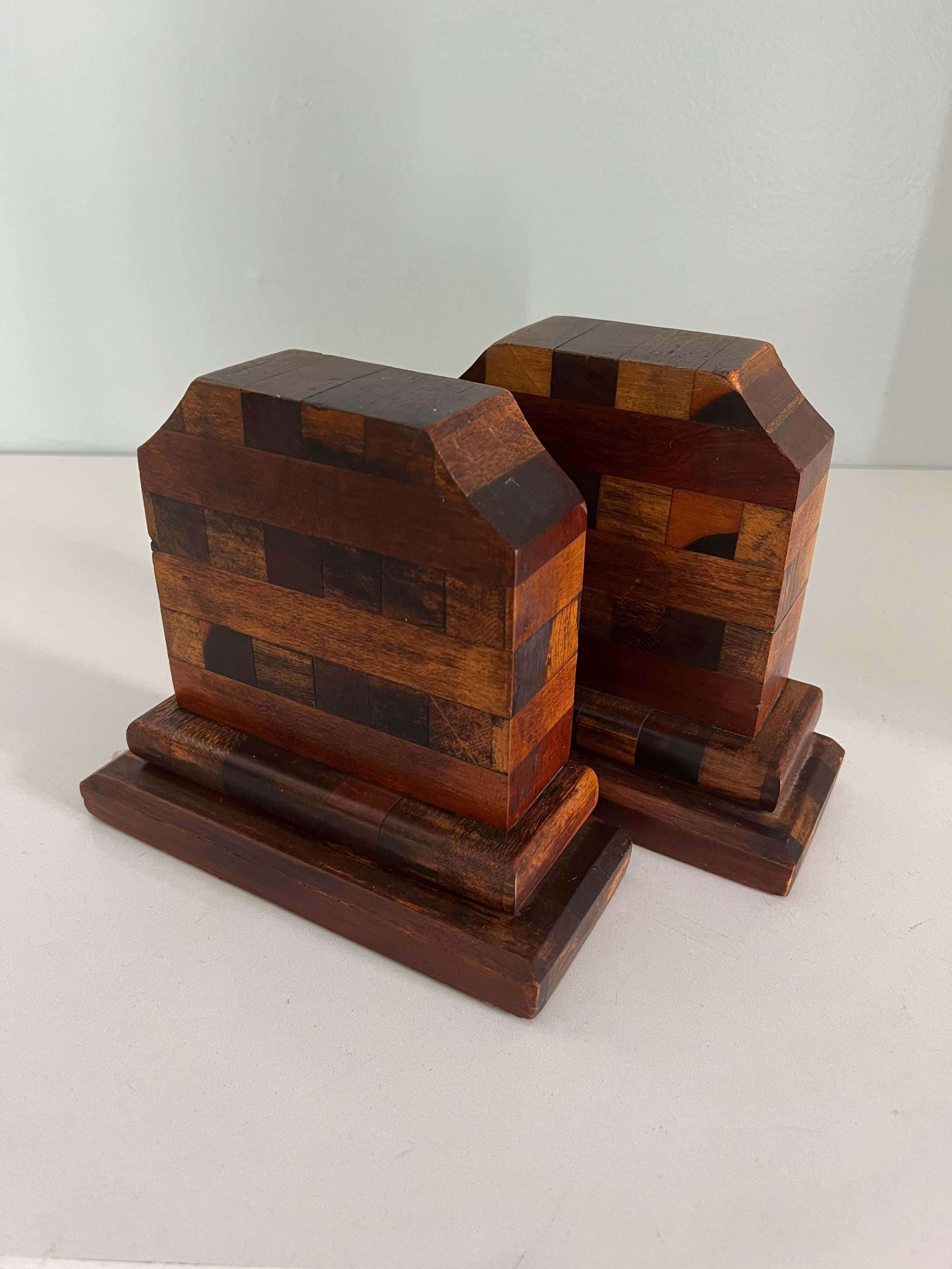 Pair of Multi Wood Mosaic Bookends in the Style of Don Shoemaker For Sale 1
