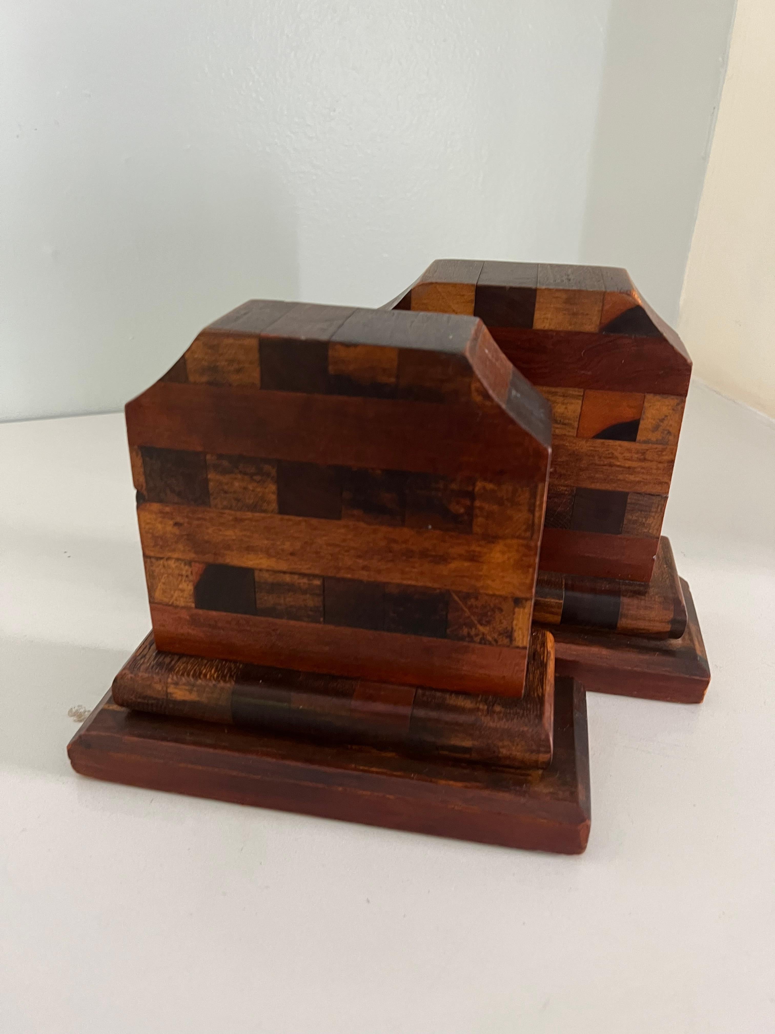 Pair of Multi Wood Mosaic Bookends in the Style of Don Shoemaker For Sale 2