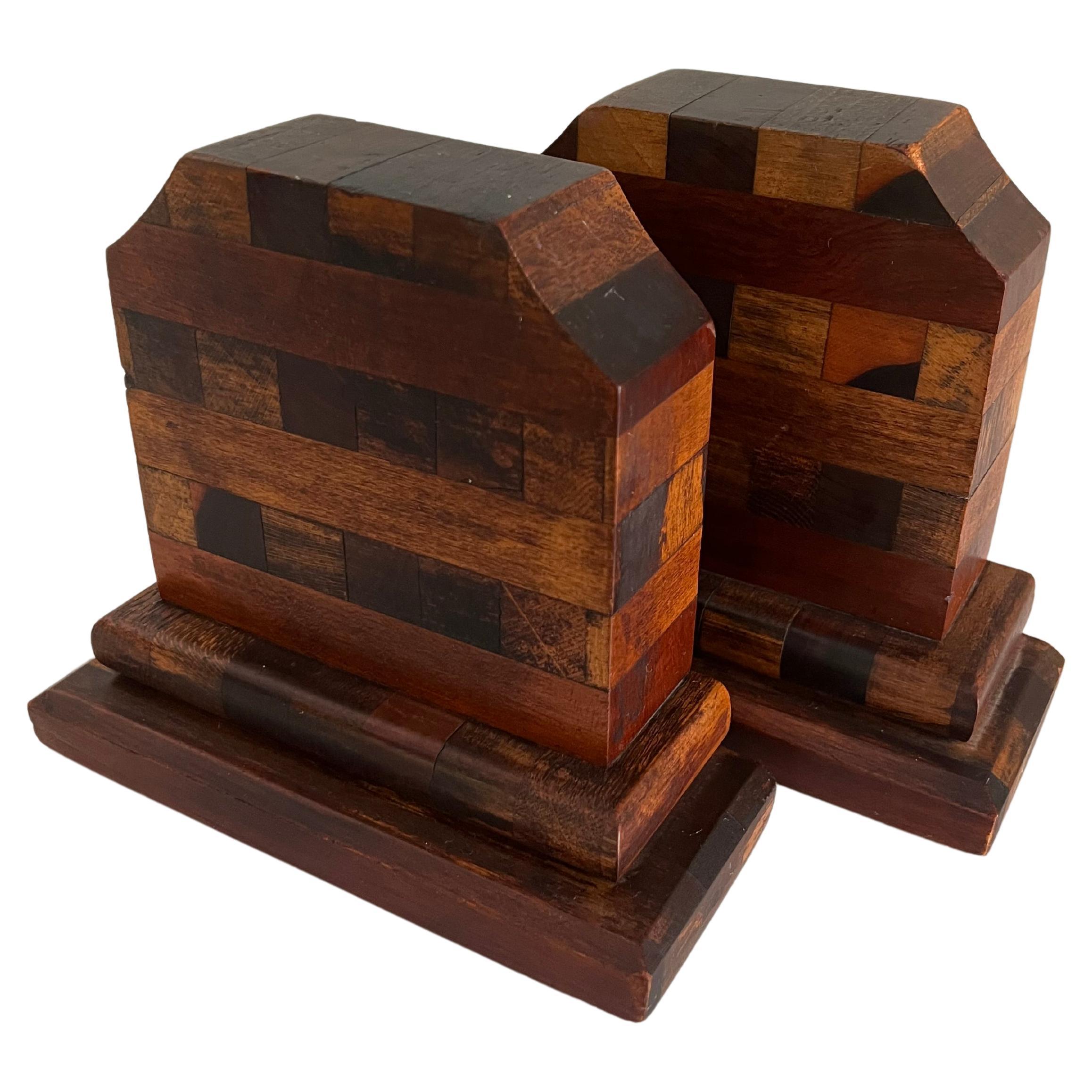 Pair of Multi Wood Mosaic Bookends in the Style of Don Shoemaker For Sale