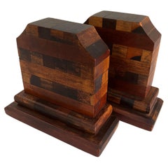 Pair of Multi Wood Mosaic Bookends in the Style of Don Shoemaker