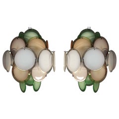Pair of Multicolor Disc Chandeliers by Vistosi, Murano, 1970s