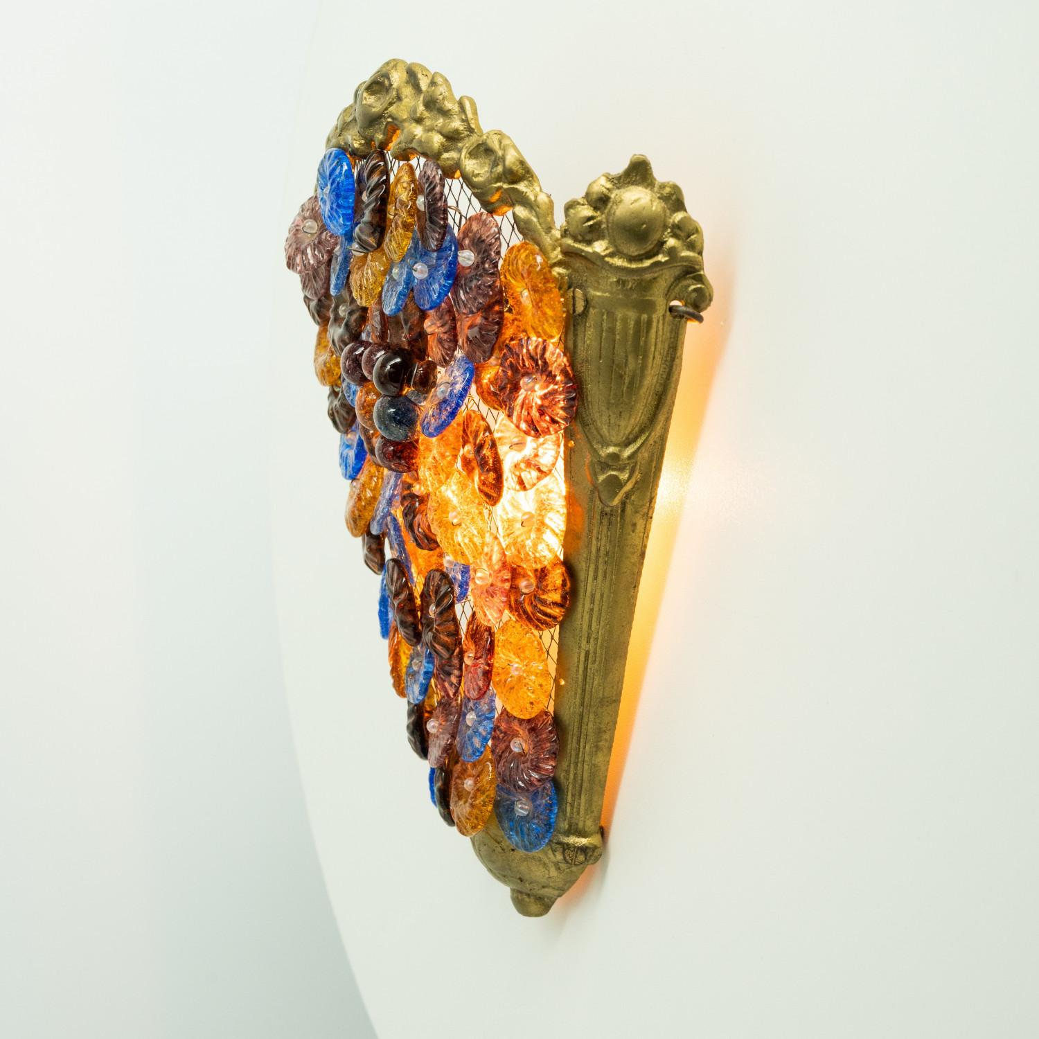 Pair of Multicolor Floral Murano Glass Wall Lights, Italy 1960 For Sale 3