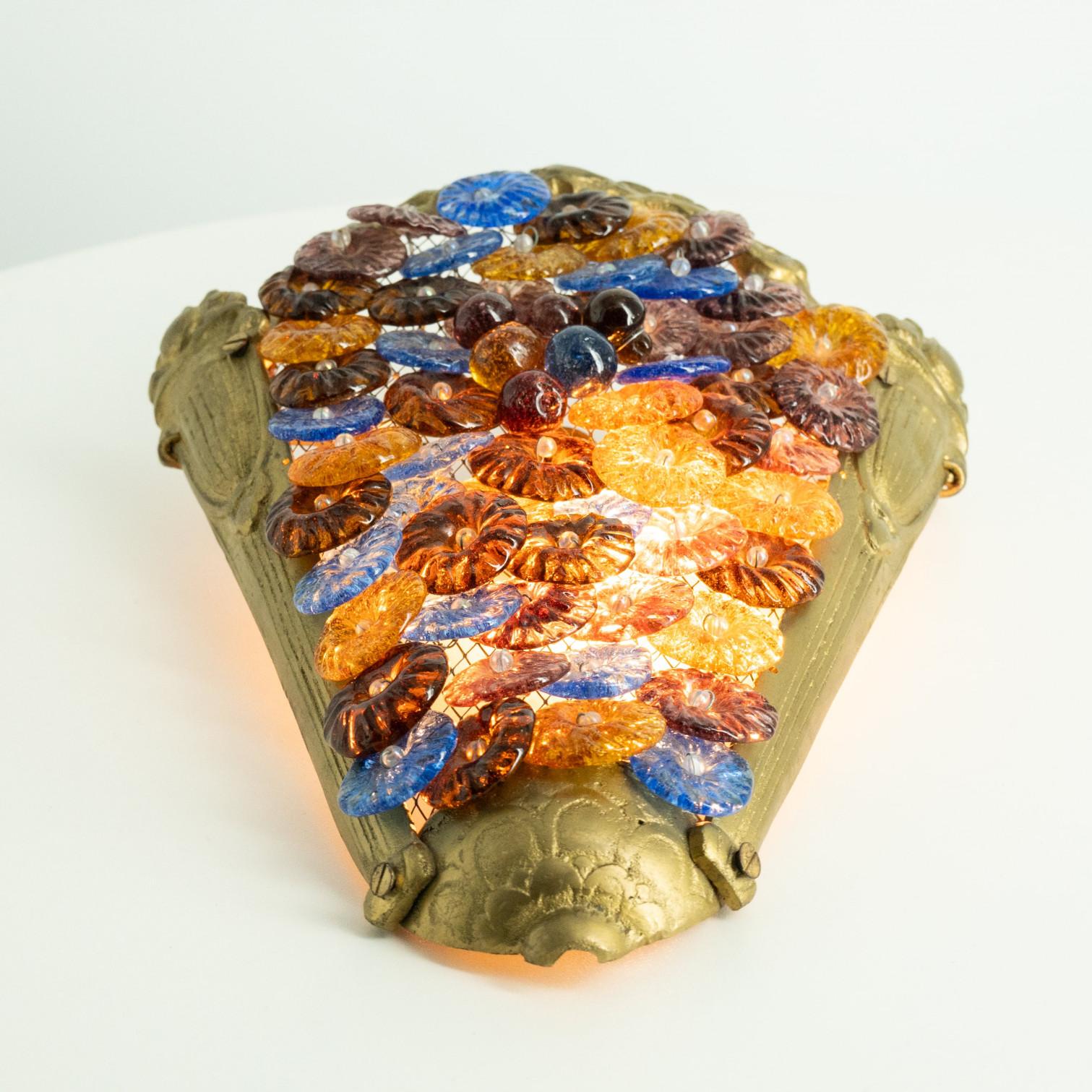 Pair of Multicolor Floral Murano Glass Wall Lights, Italy 1960 For Sale 4