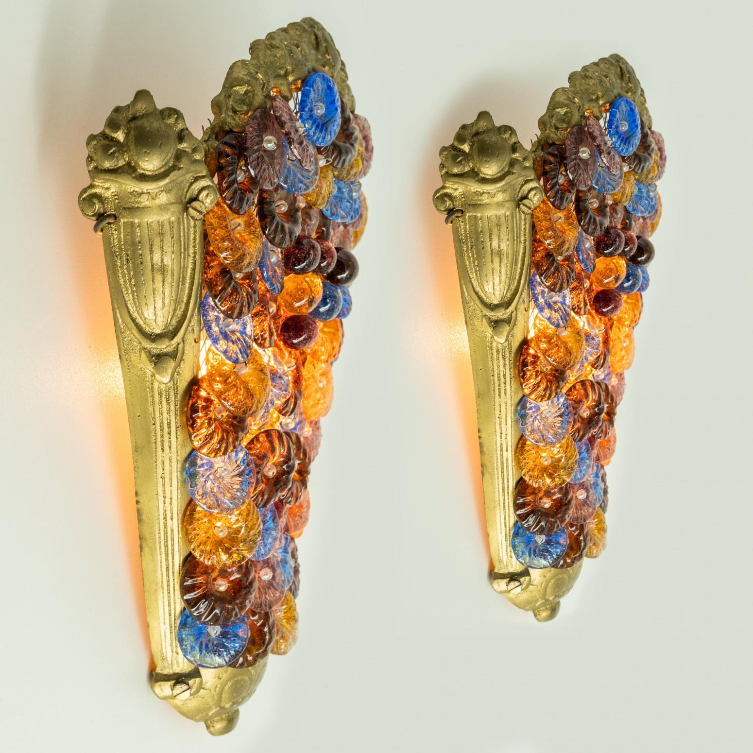 Pair of Multicolor Floral Murano Glass Wall Lights, Italy 1960 For Sale 5