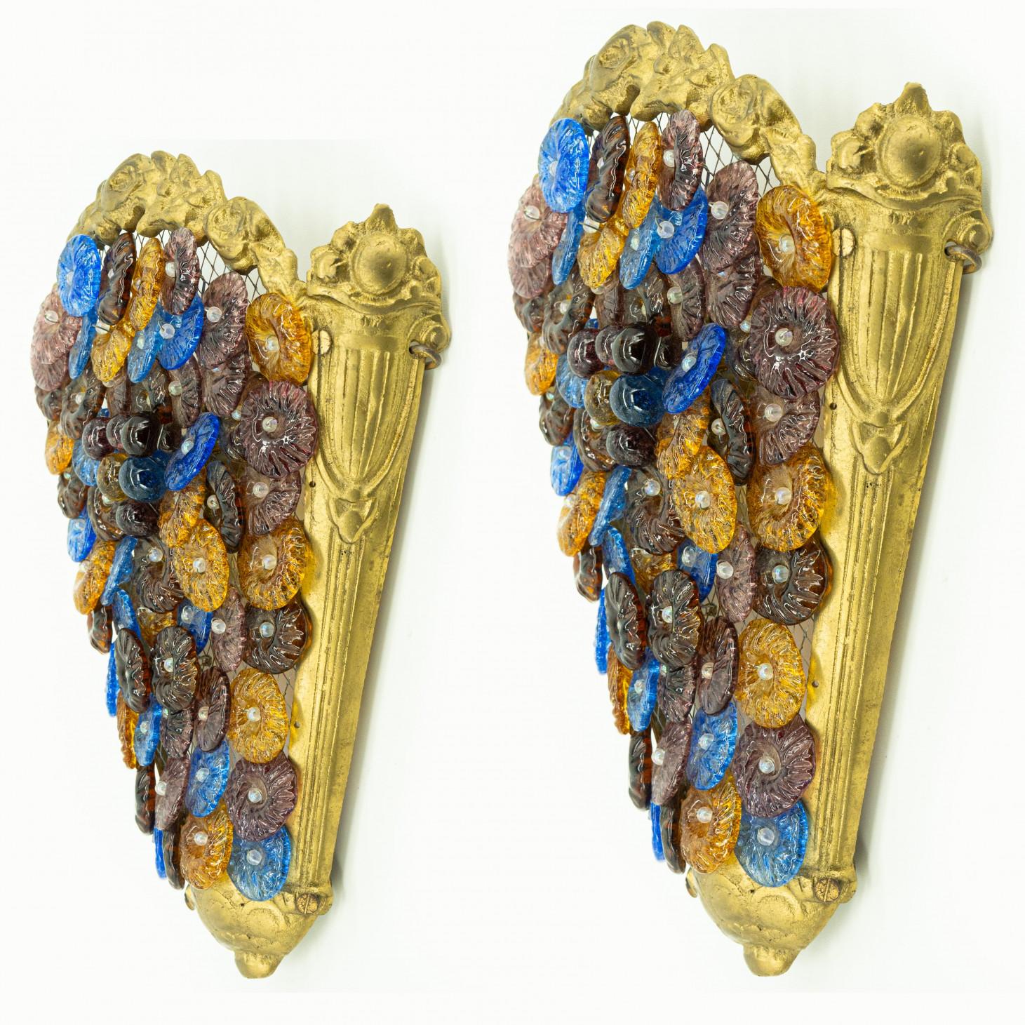 Pair of Multicolor Floral Murano Glass Wall Lights, Italy 1960 For Sale 8