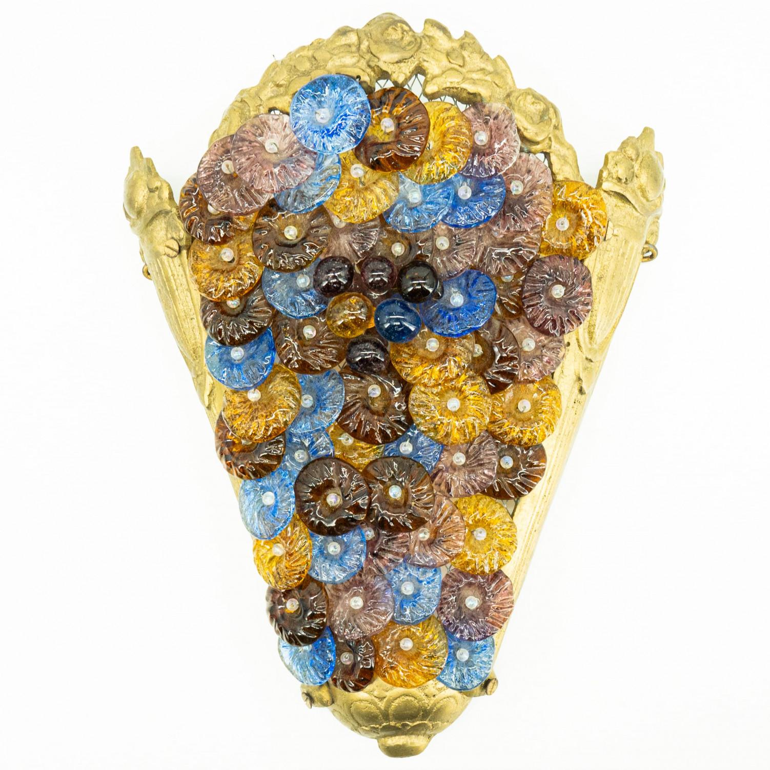 Italian Pair of Multicolor Floral Murano Glass Wall Lights, Italy 1960 For Sale