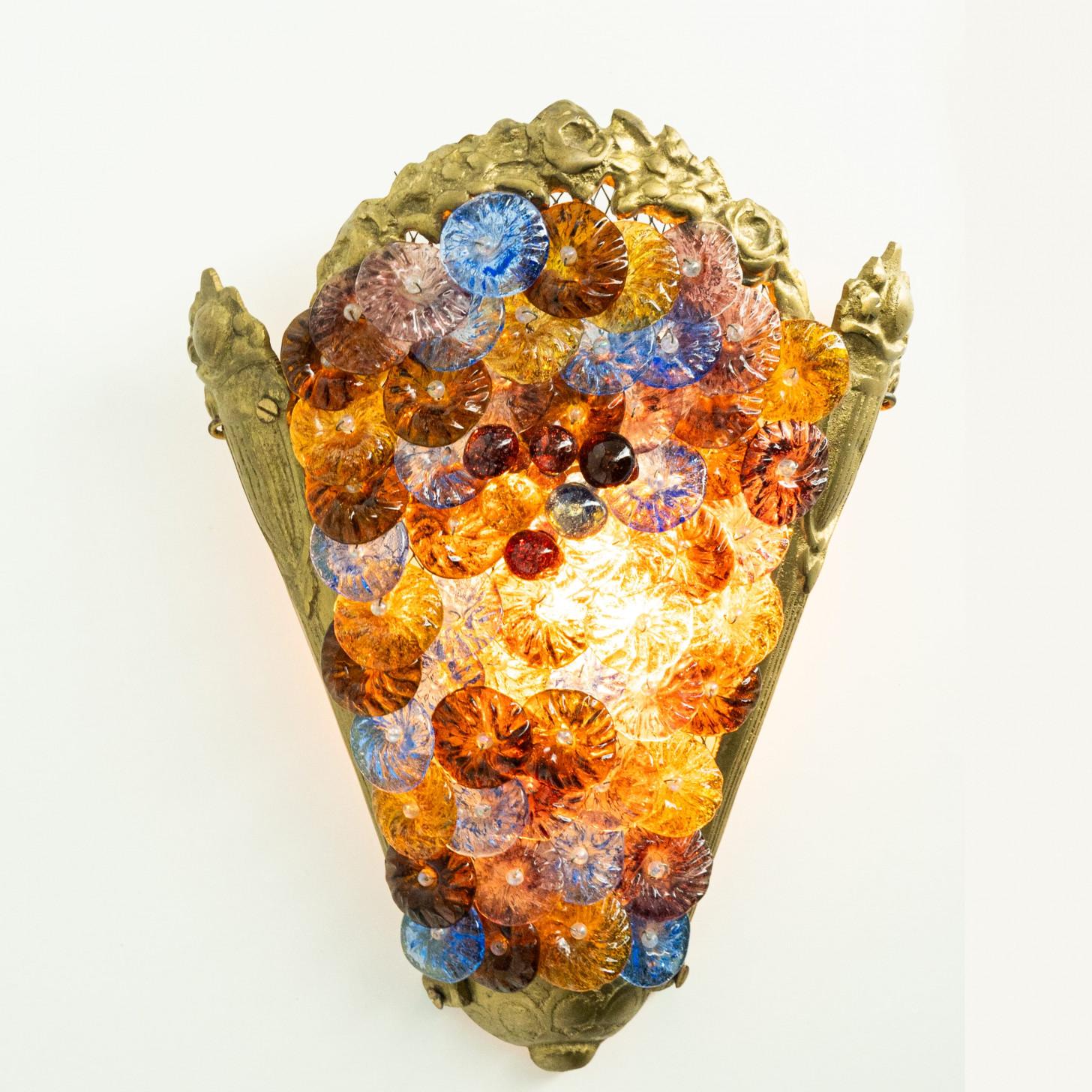 Mid-20th Century Pair of Multicolor Floral Murano Glass Wall Lights, Italy 1960 For Sale
