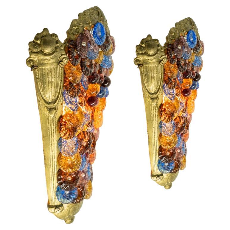 Pair of Multicolor Floral Murano Glass Wall Lights, Italy 1960