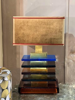Pair of Multicolor Solid Plates Murano Glass Table Lamps with Velvet Lampshades