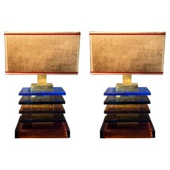 Pair of Multicolor Solid Plates Murano Glass Table Lamps with Velvet Lampshades Pair of Multicolor Solid Plates Murano Glass Table Lamps with Velvet Lampshades