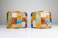 Coppia di lampade multicolore in vetro martellato e ferro battuto di Longobard, Italia