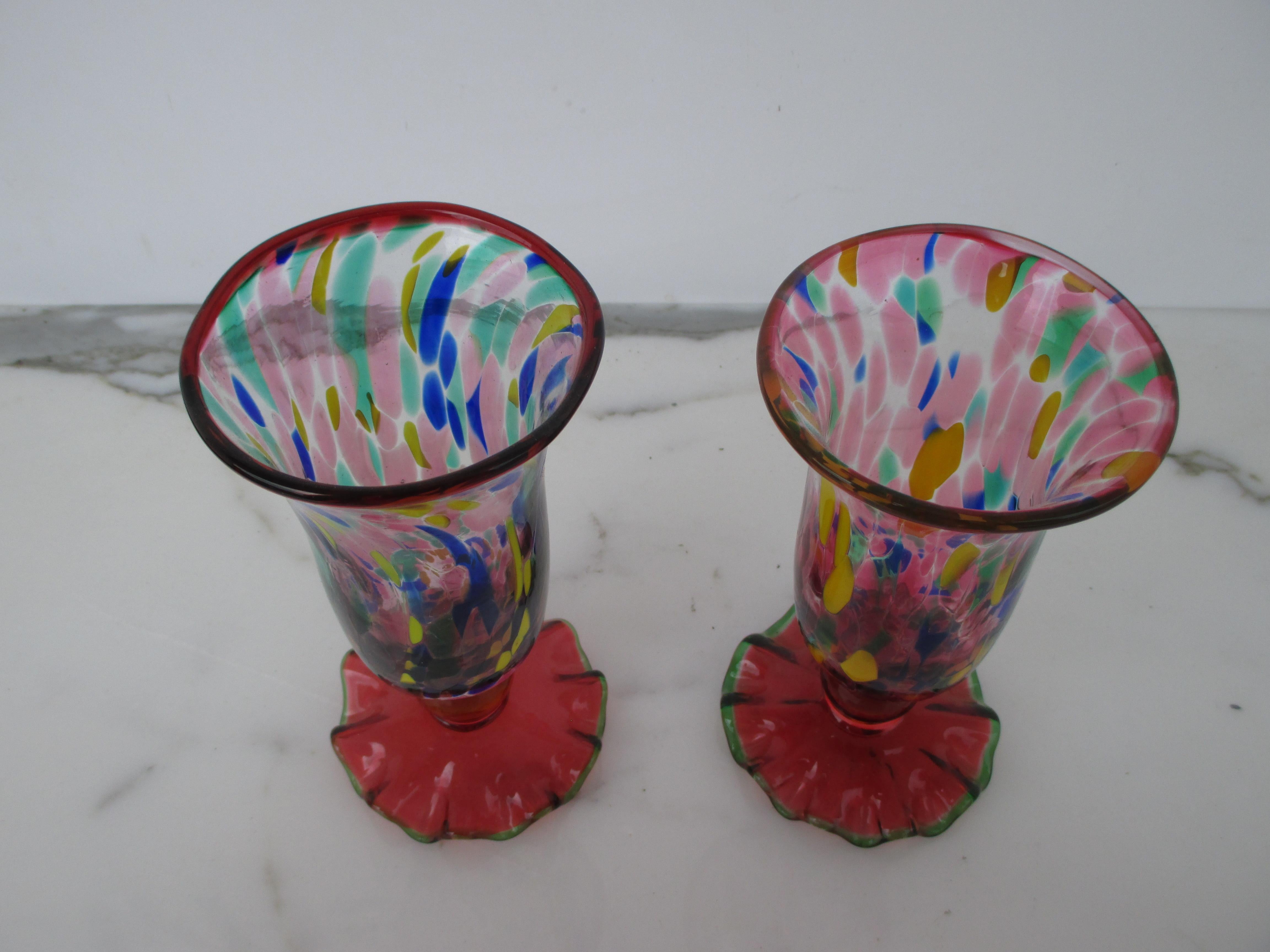 Italian Pair of Multicolored Murano Goblets/Glasses with 