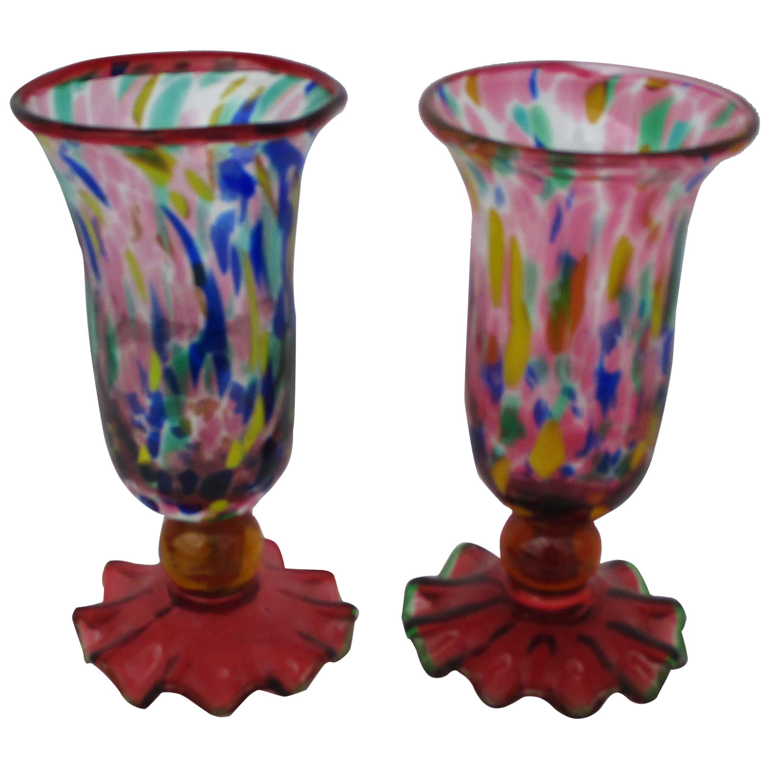 Pair of Multicolored Murano Goblets/Glasses with "Fazzoletto" Base For Sale