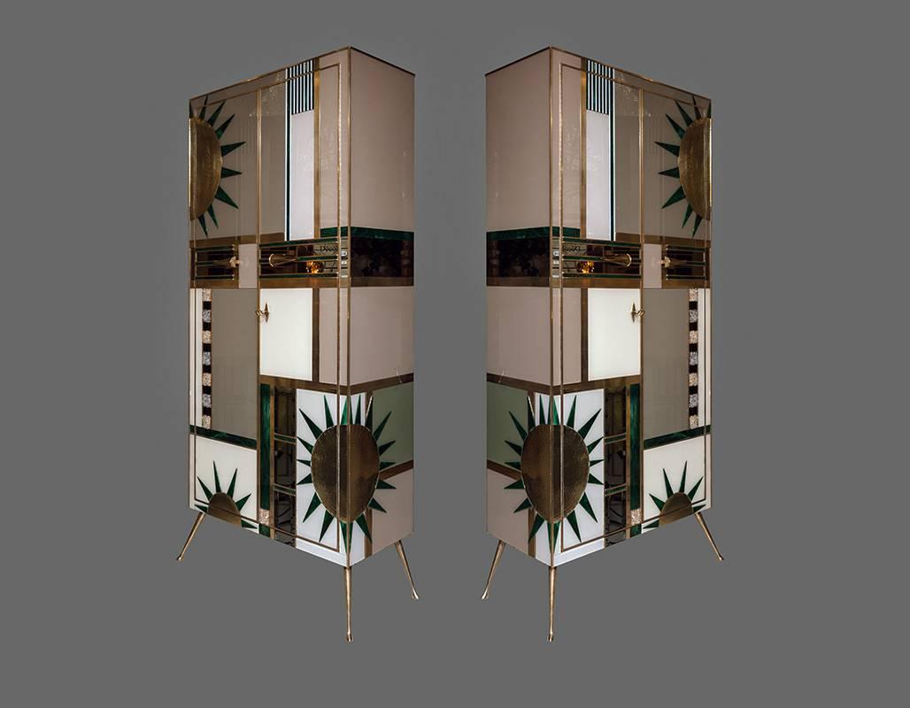 Modern Pair of Multicolored Opalines Glass Italian Cabinets with Brass Fittings, 1970s