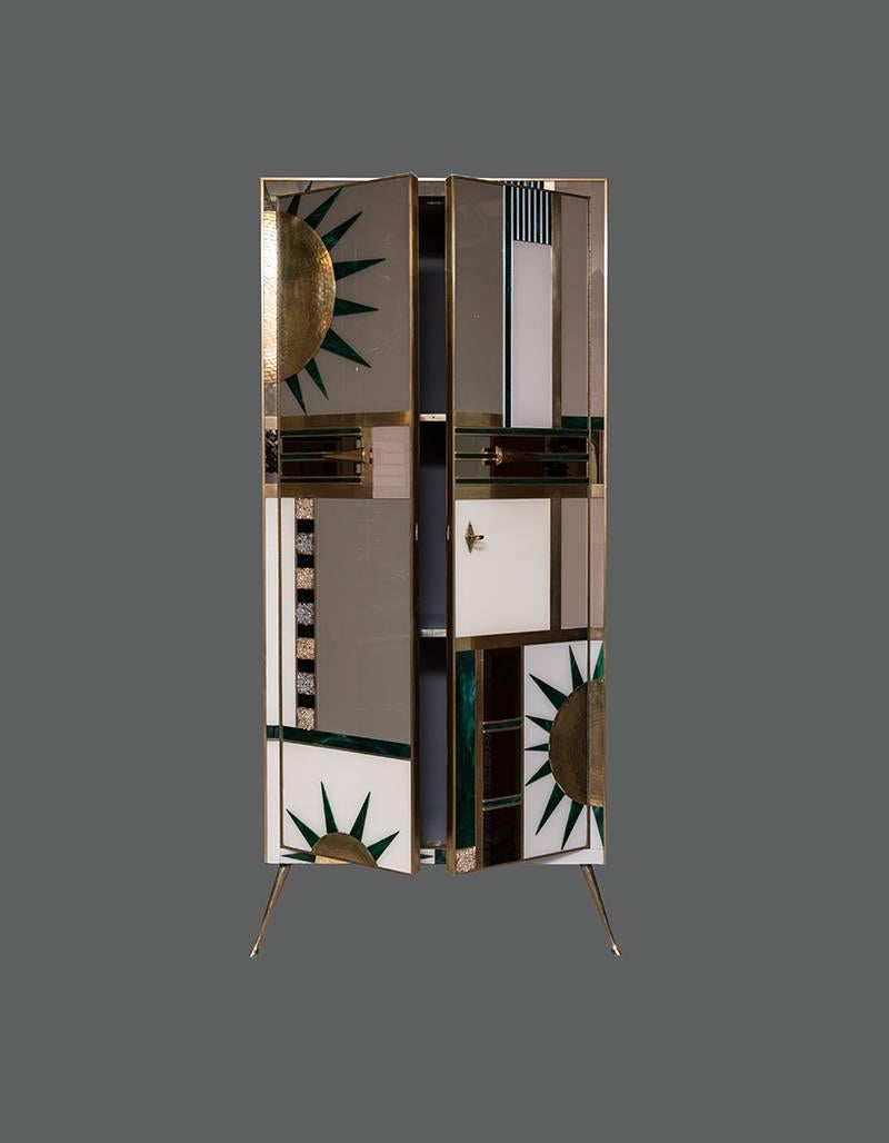 Pair of Multicolored Opalines Glass Italian Cabinets with Brass Fittings, 1970s In Excellent Condition In Florence, IT