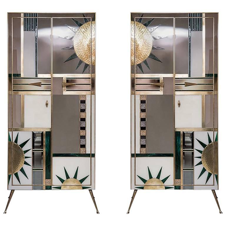 Pair of Multicolored Opalines Glass Italian Cabinets with Brass Fittings, 1970s