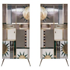 Pair of Multicolored Opalines Glass Italian Cabinets with Brass Fittings, 1970s