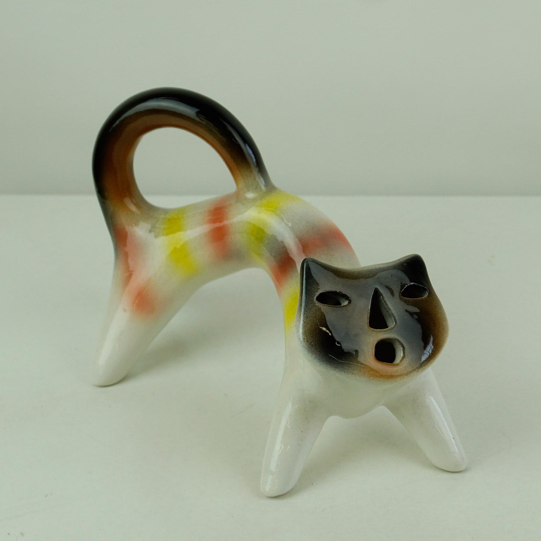 Pair of Multicoloured Italian Midcentury Ceramic Cats by Roberto Rigon