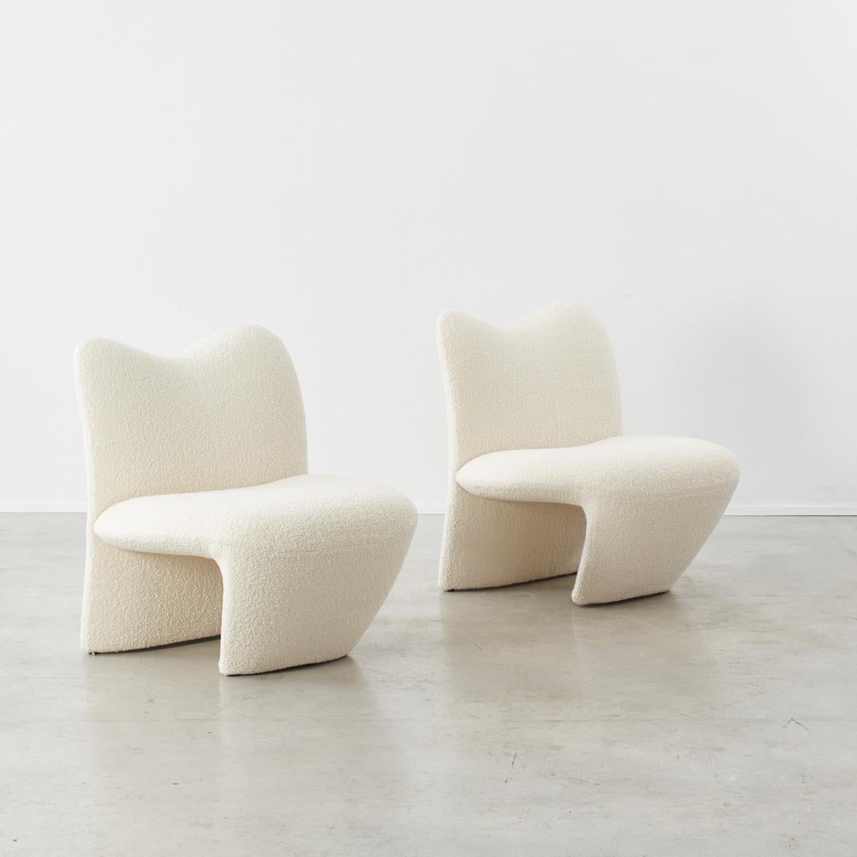 These chairs are newly upholstered to enhance their anthropomorphic character. Jane Dillon (1943-present) studied under Ettore Sottsass in the late 1960s and went on to make designs for Habitat and Conran Associates. This chair, a collaboration with