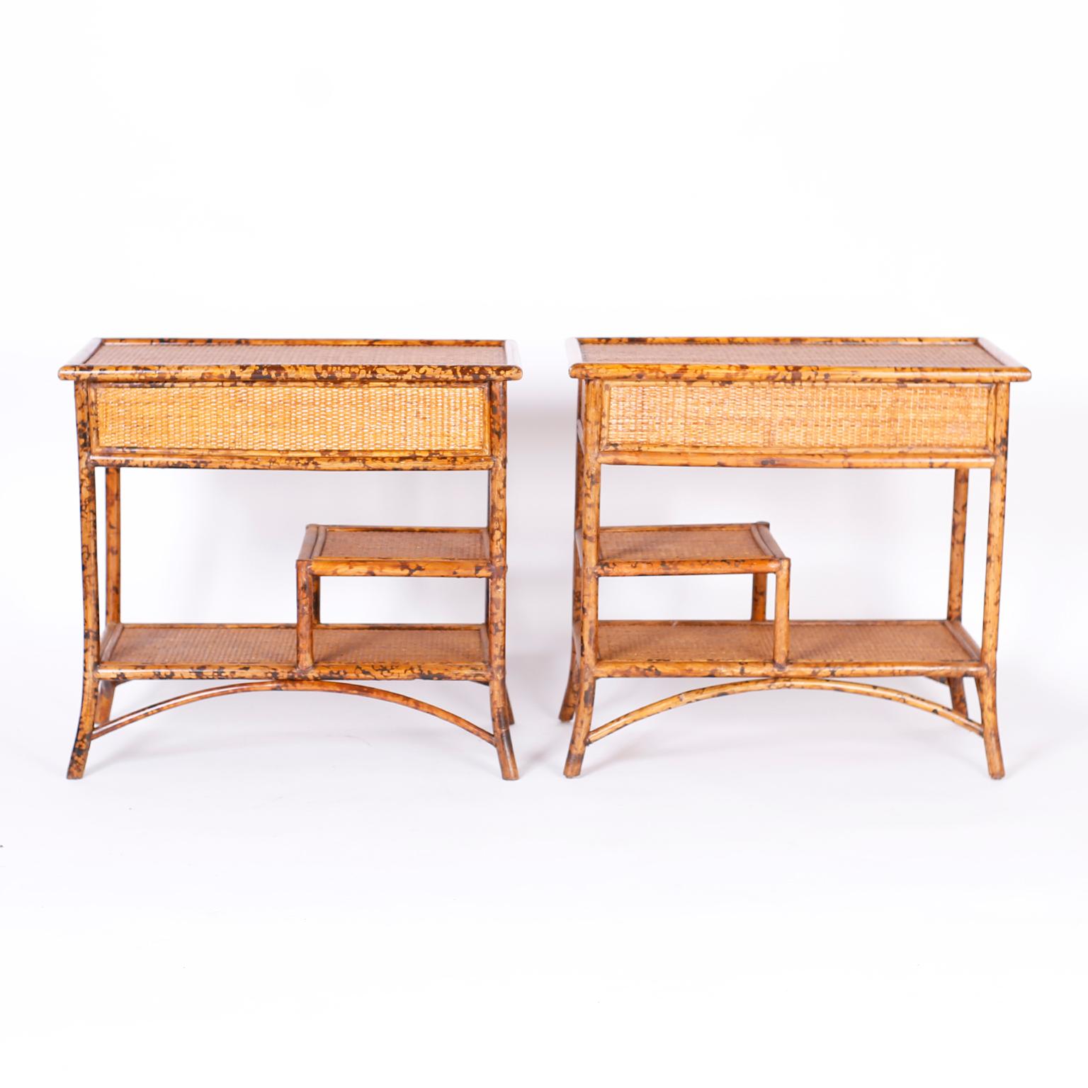 British Colonial Pair of Multitiered Faux Burnt Bamboo Stands