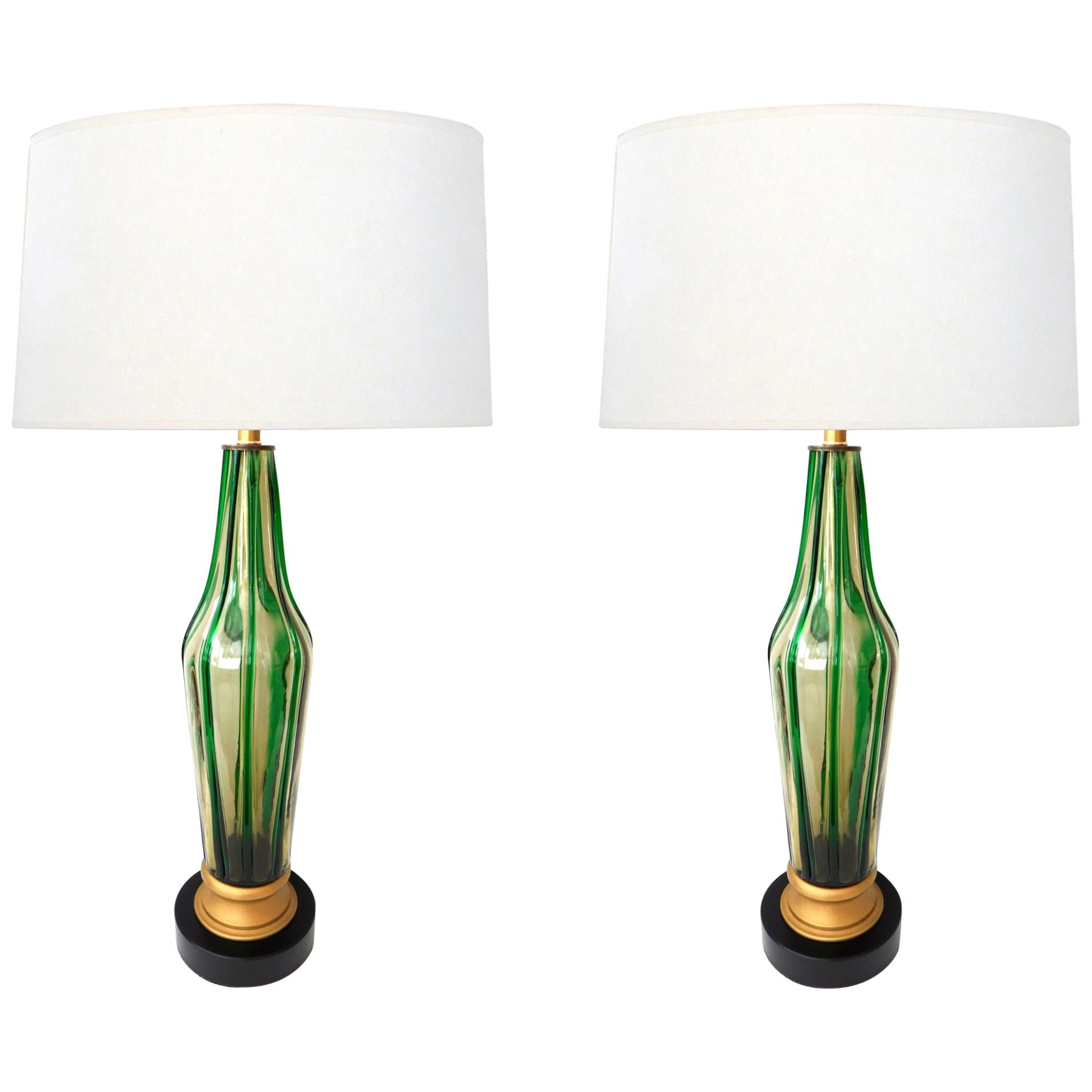 Pair of Murano 1960s Art Glass Lamps with Applied Green Decoration