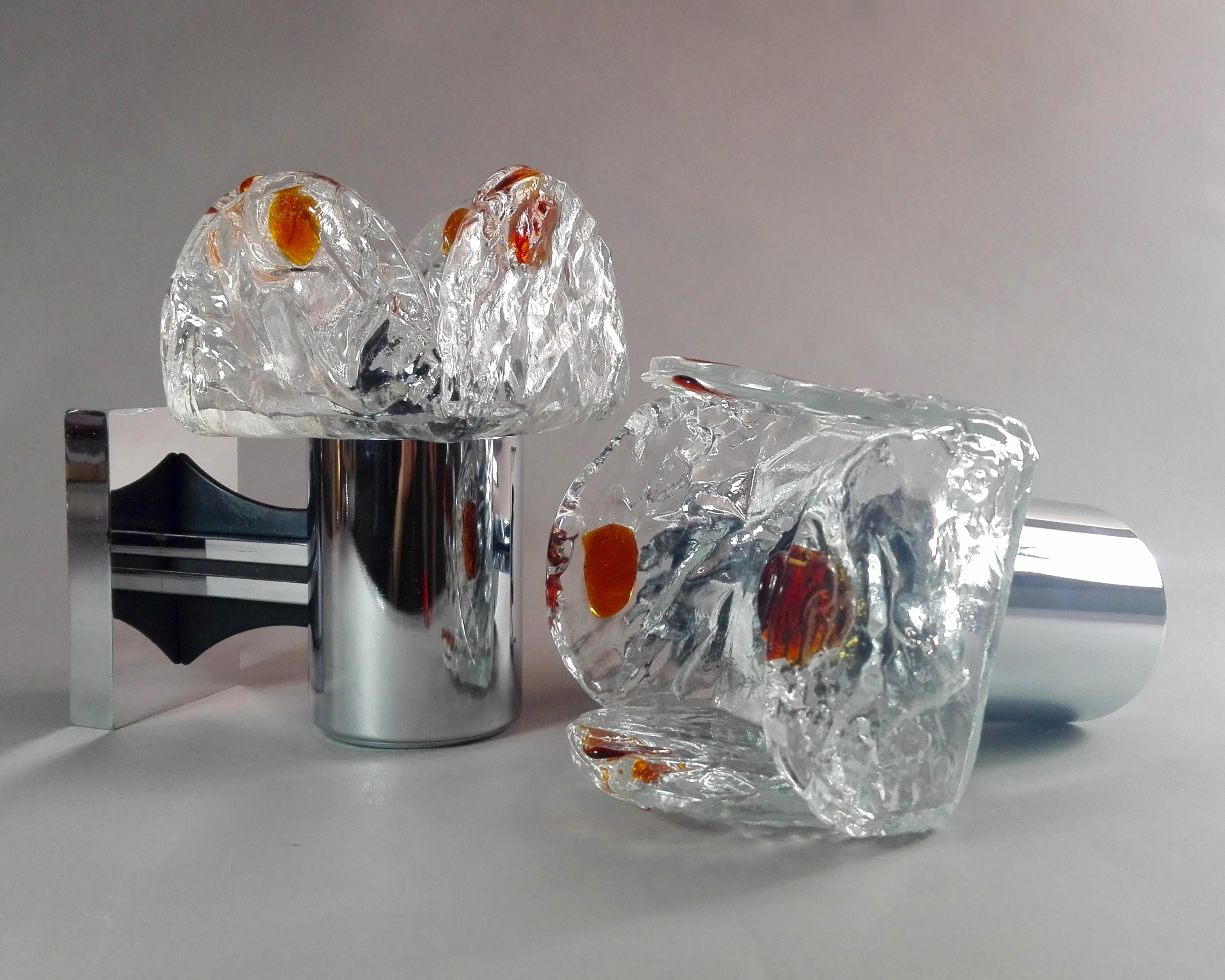 Mid-Century Modern Carlo Nason Style Pair of Murano 1960s Glass and Chrome Sconces  For Sale