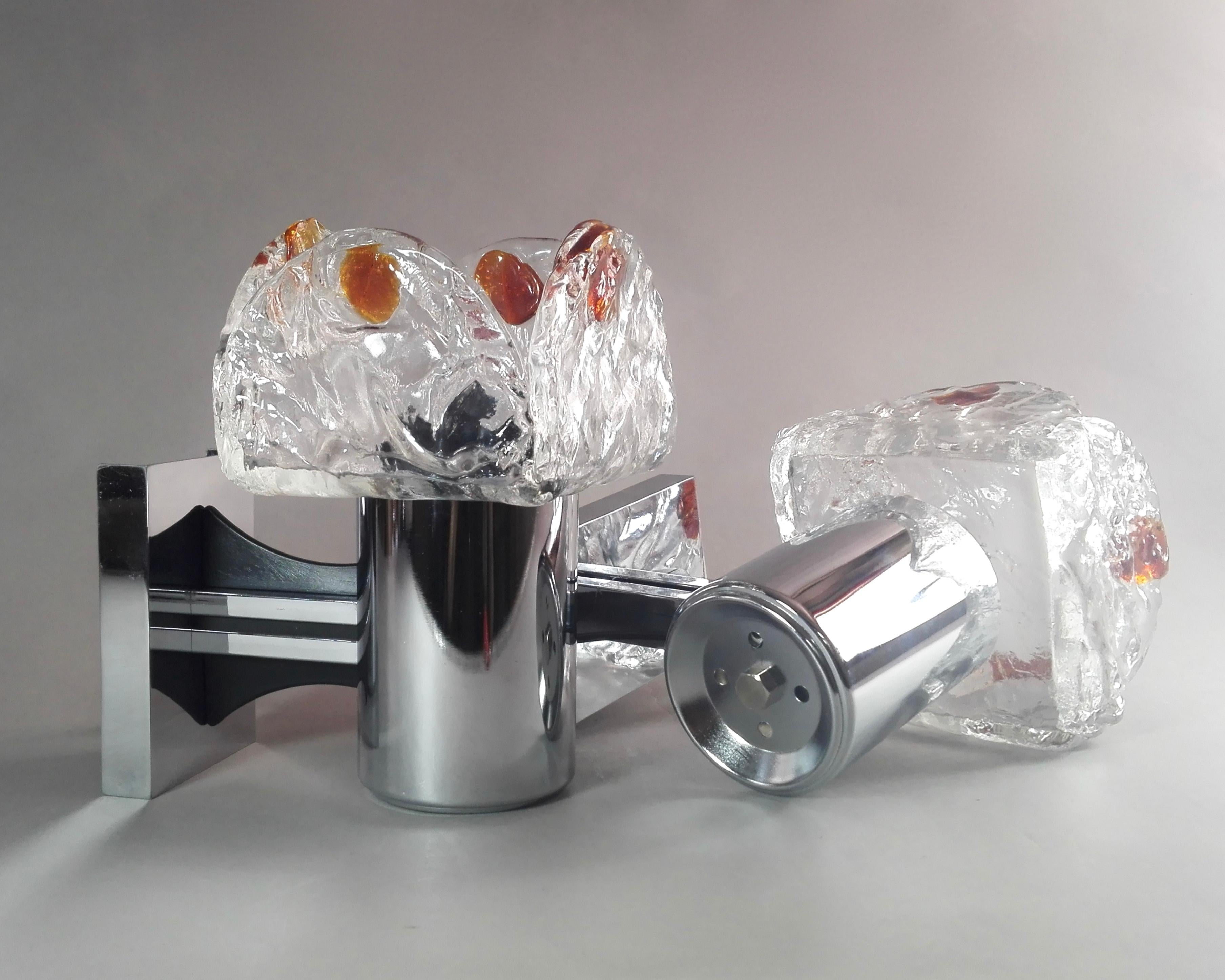 Italian Carlo Nason Style Pair of Murano 1960s Glass and Chrome Sconces  For Sale