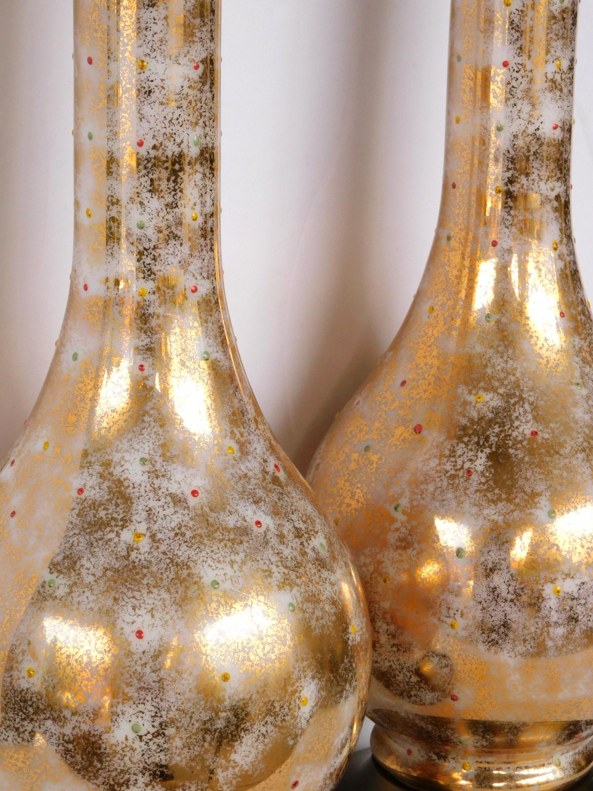Hollywood Regency Pair of Murano 1960s Gold and White Glazed Bottle-form Lamps with Colored Fleck For Sale